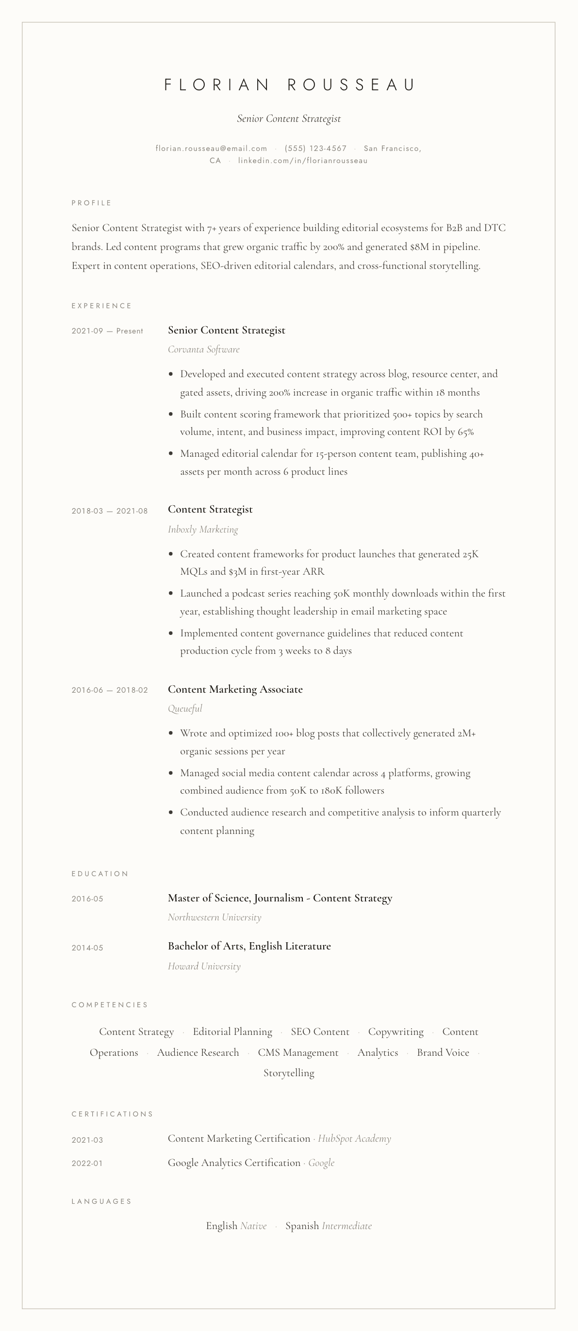 Content Strategist resume example, Vellum template