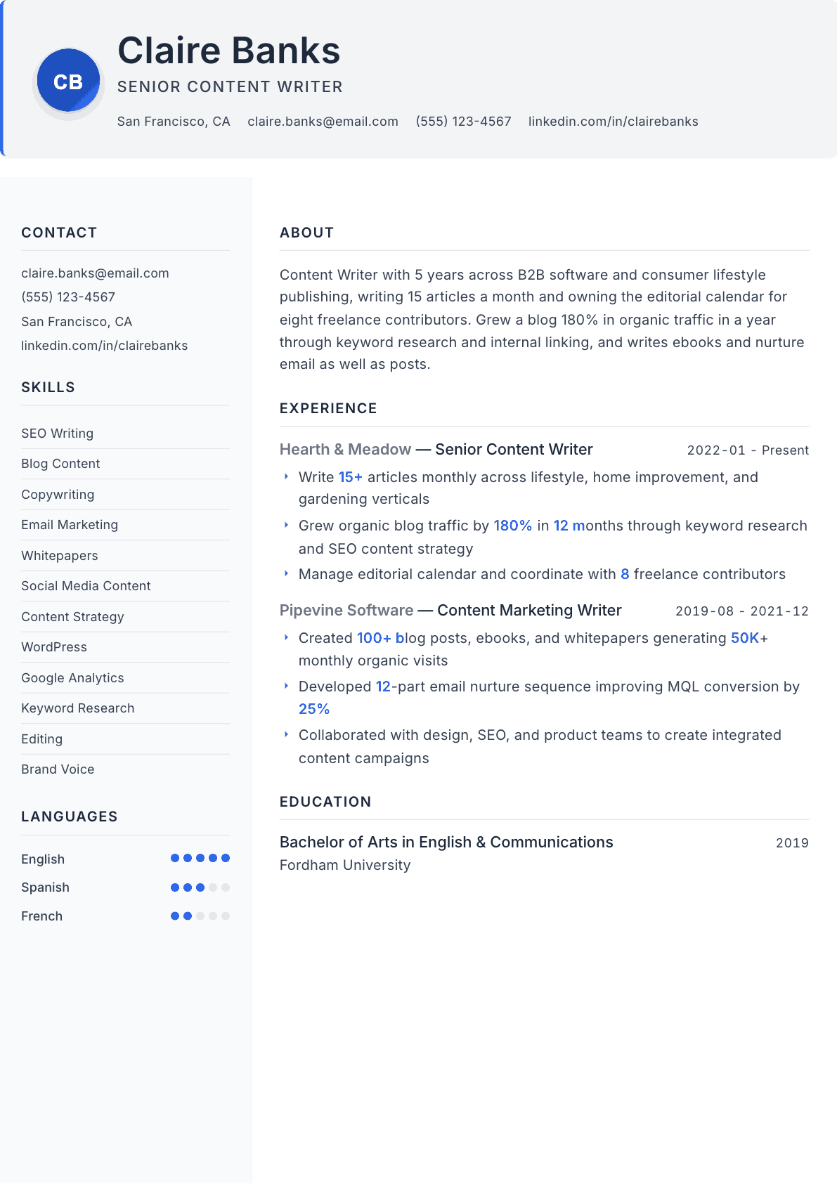 Content Writer resume example, Paper template