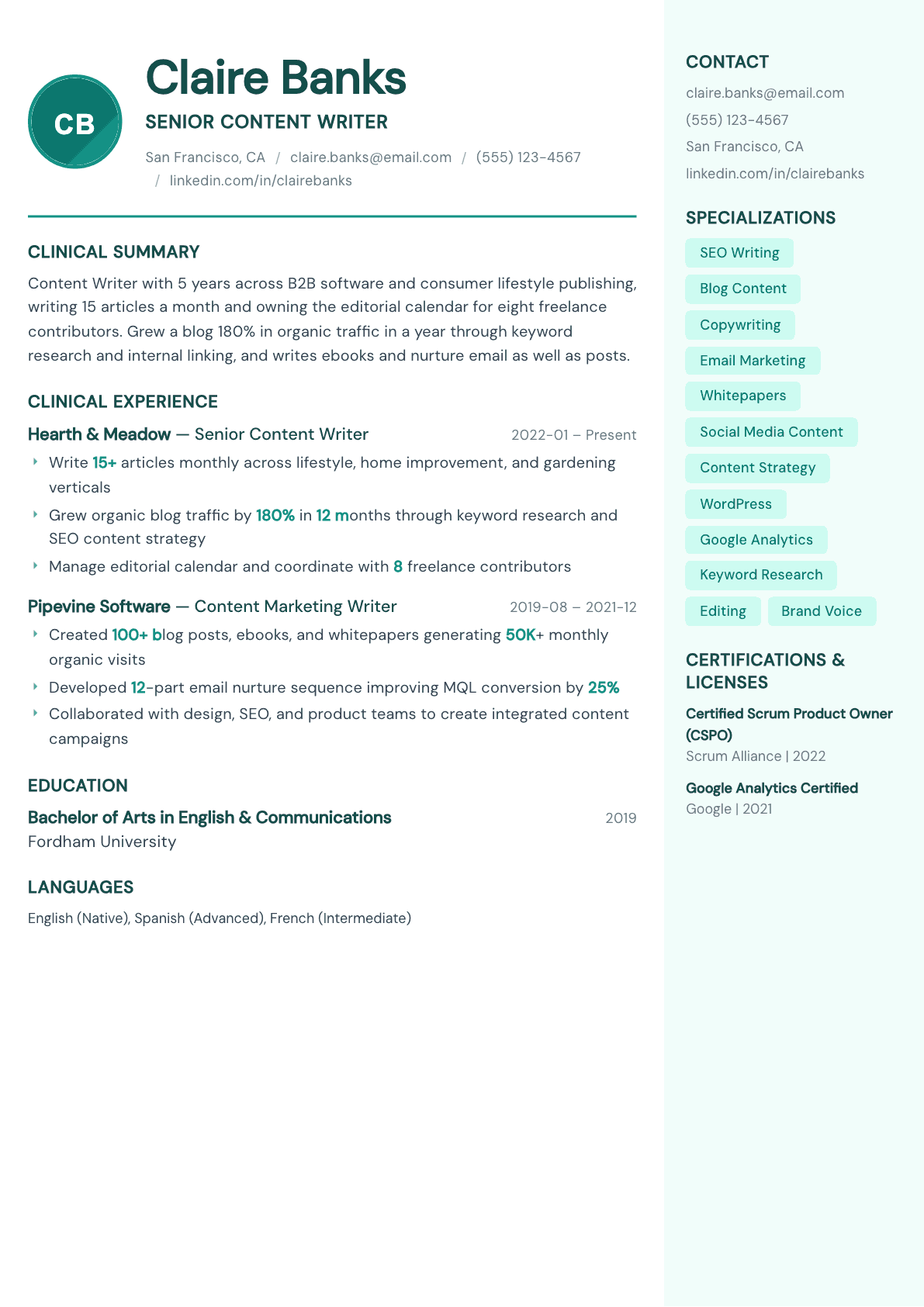 Content Writer resume example, Remedy template