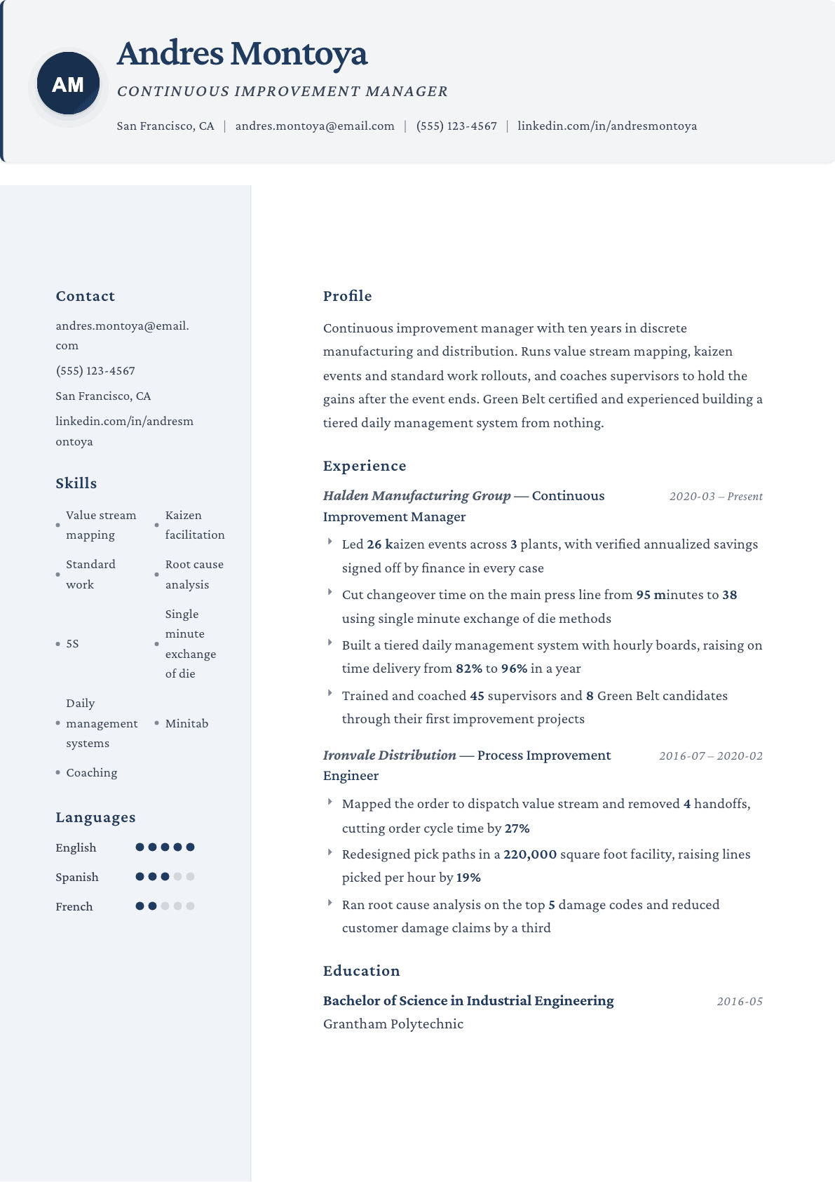 Continuous Improvement Manager resume example, Formal template