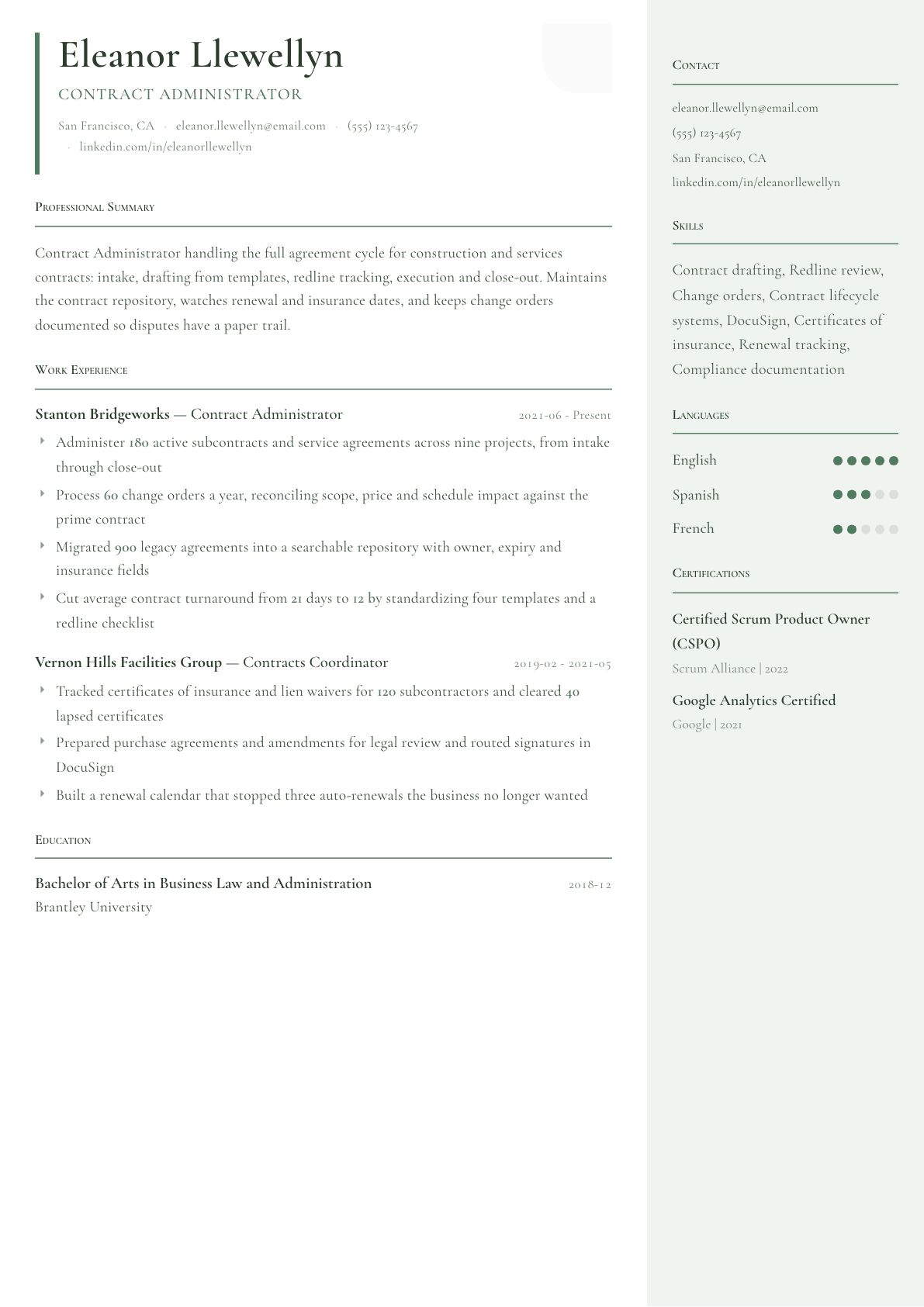 Contract Administrator resume example, Copenhagen template