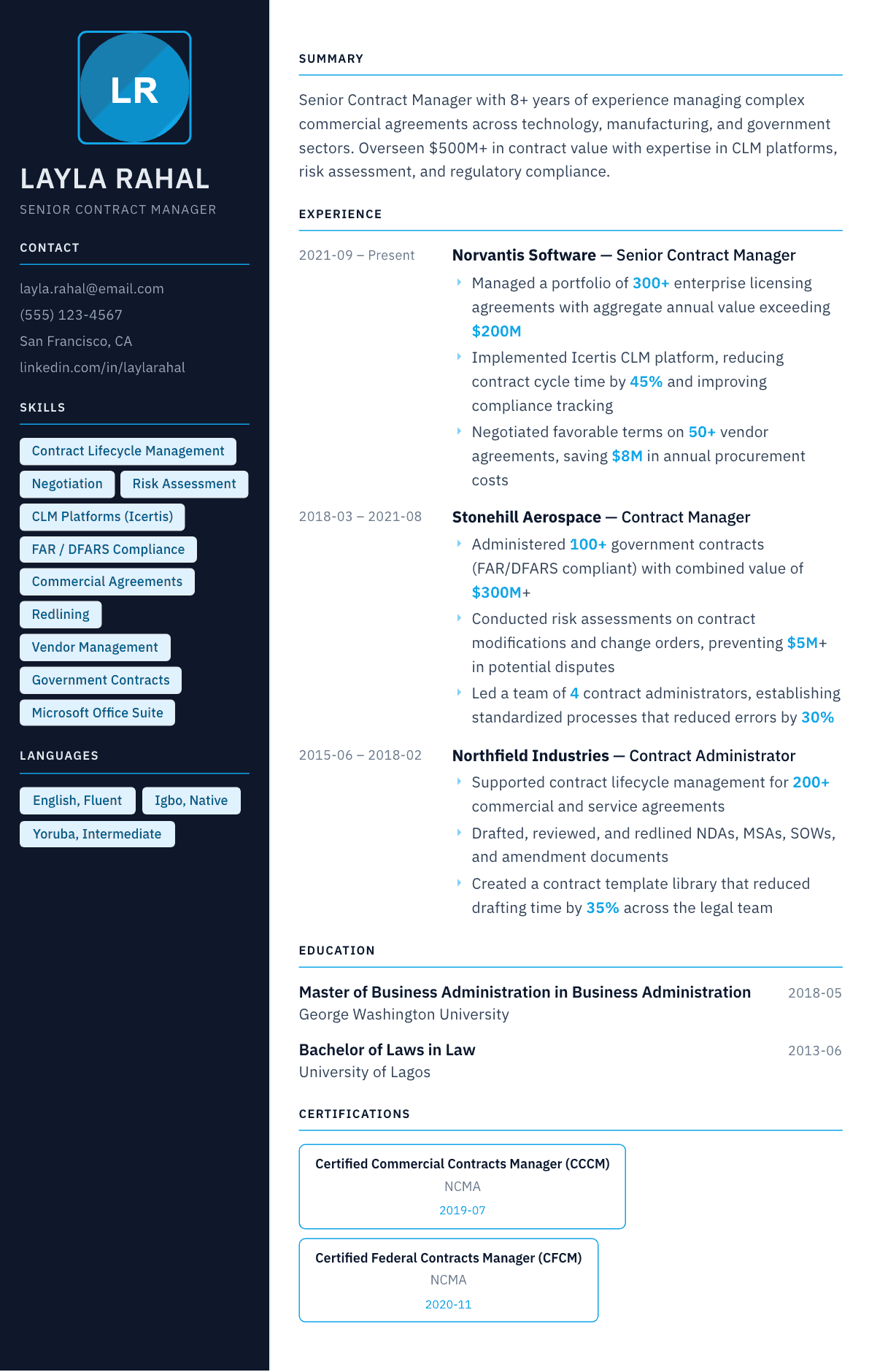 Contract Manager resume example, Everest template