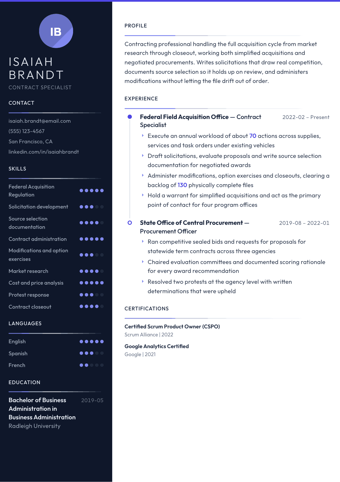 Contract Specialist Government resume example, Zenith template