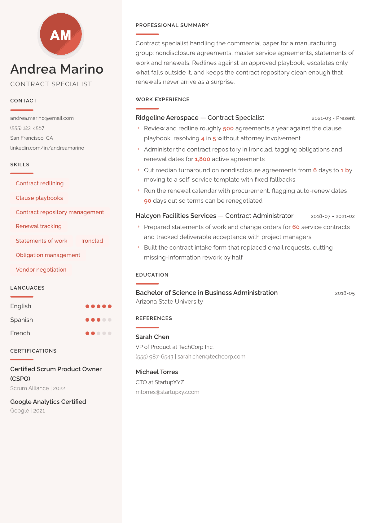 Contract Specialist resume example, Milano template