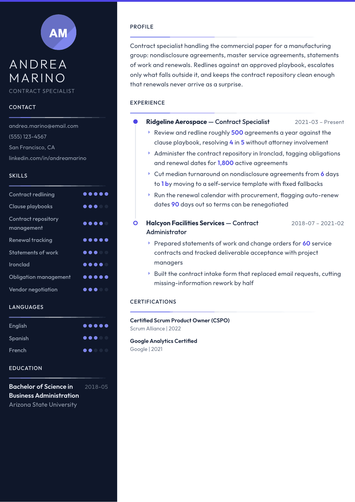 Contract Specialist resume example, Zenith template