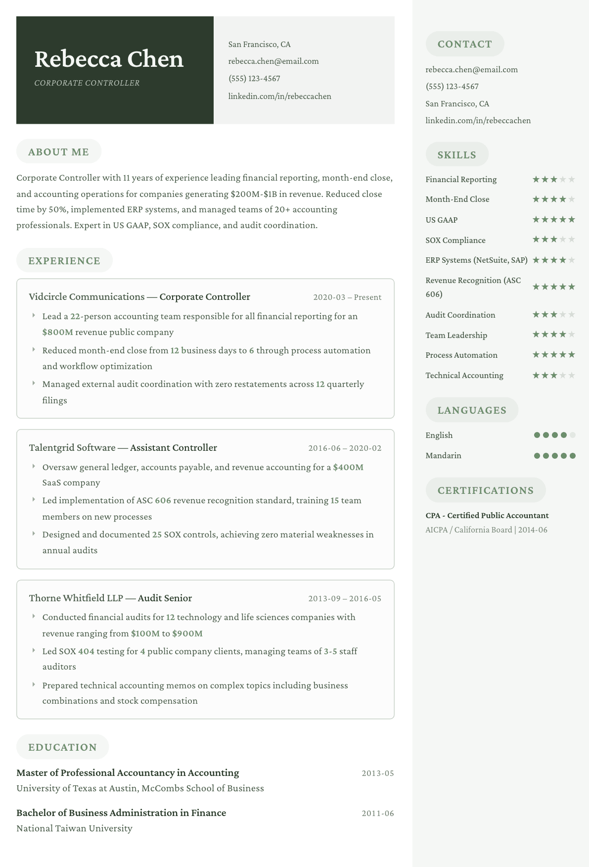 Controller resume example, Mayfair template