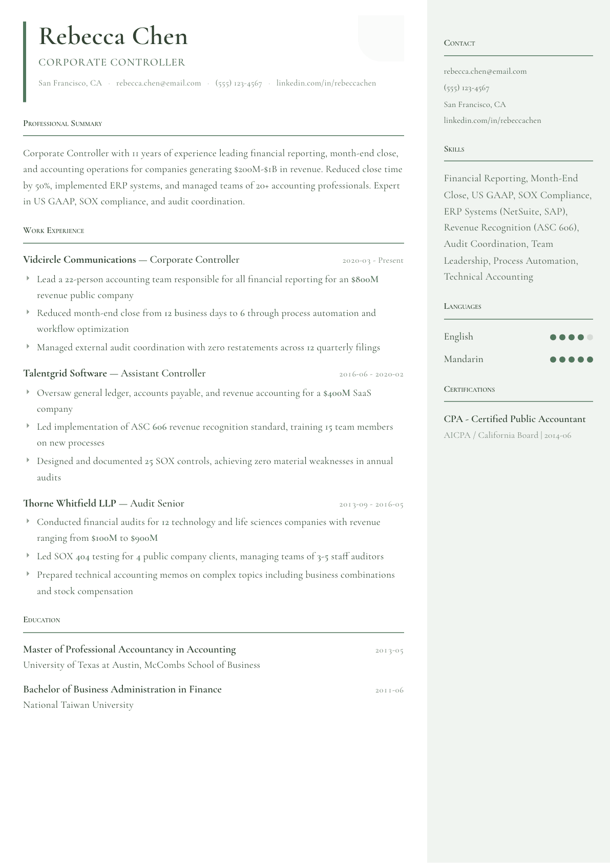 Controller resume example, Copenhagen template