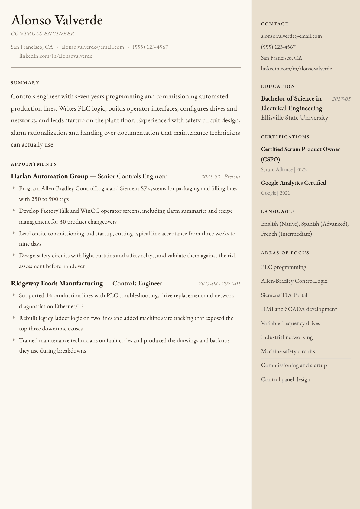 Controls Engineer resume example, Manuscript template