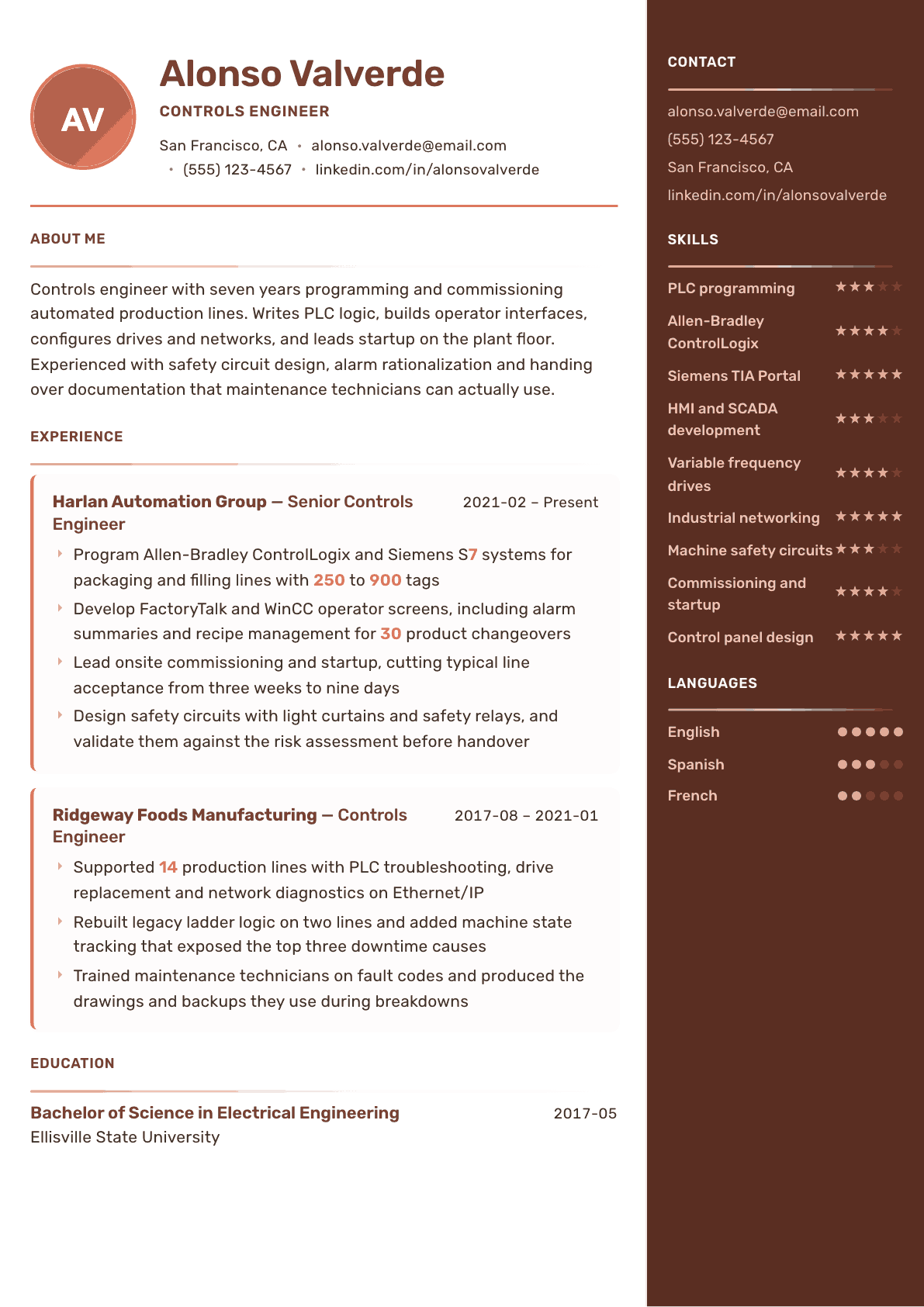 Controls Engineer resume example, Mosaic template