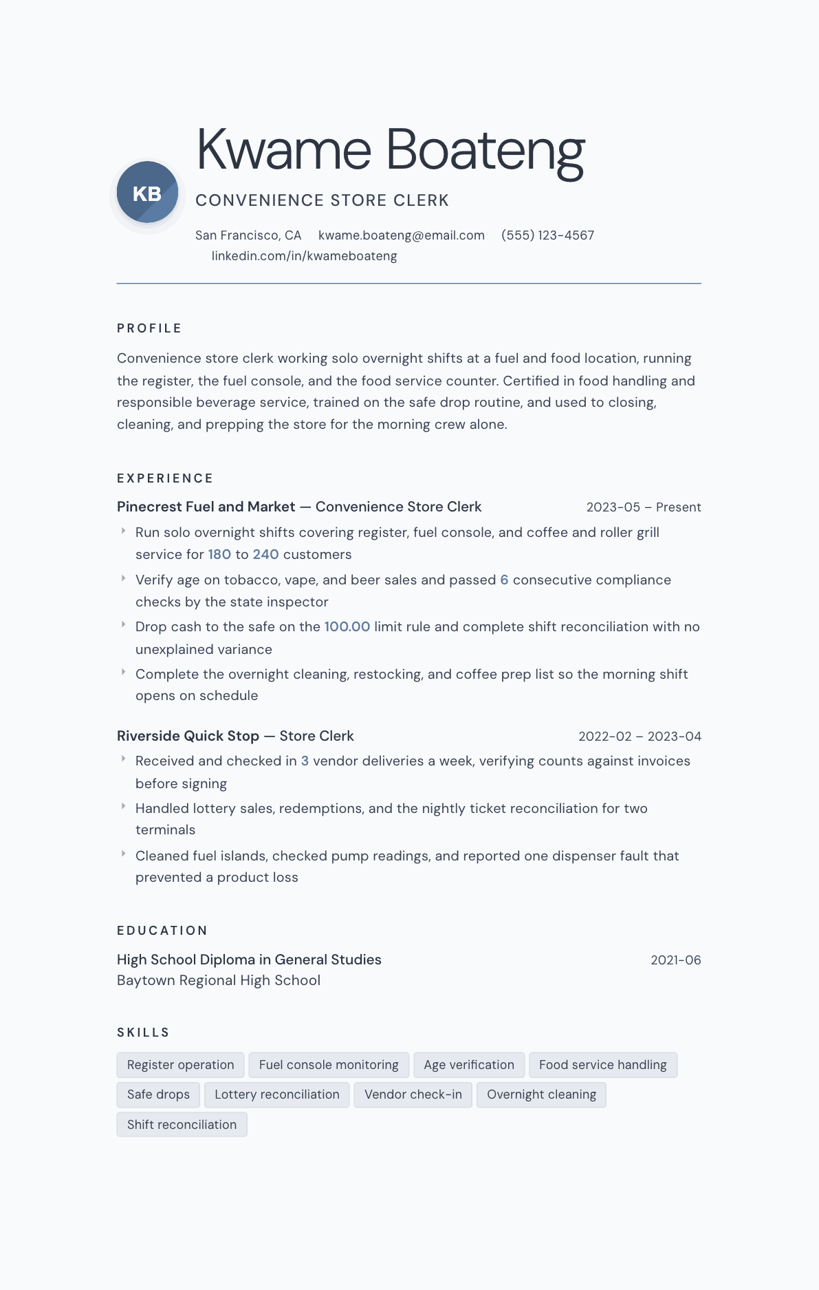 Convenience Store Clerk resume example, Nordic template