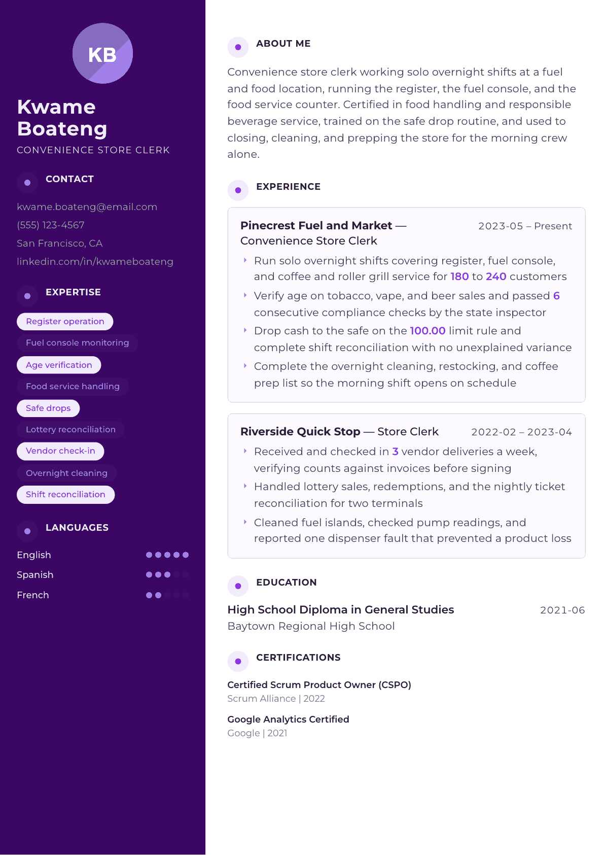 Convenience Store Clerk resume example, Palette template