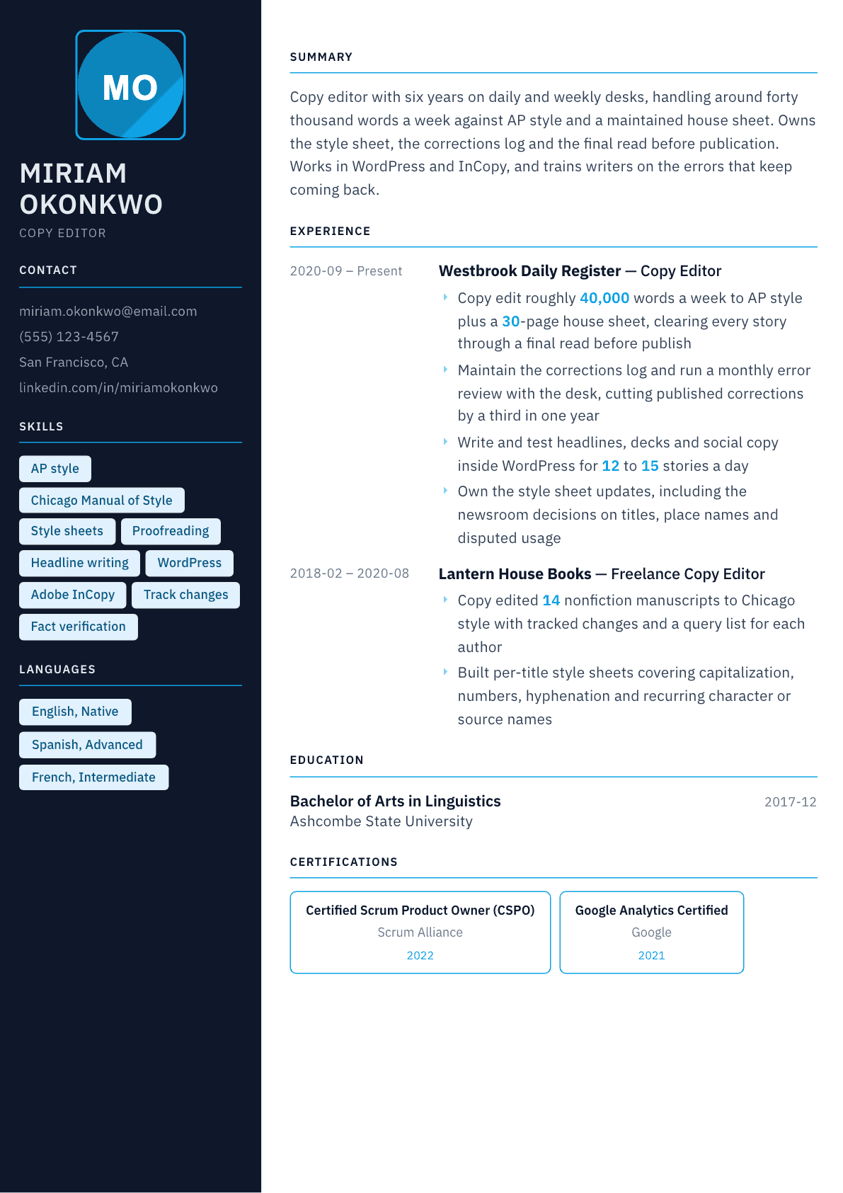 Copy Editor resume example, Everest template