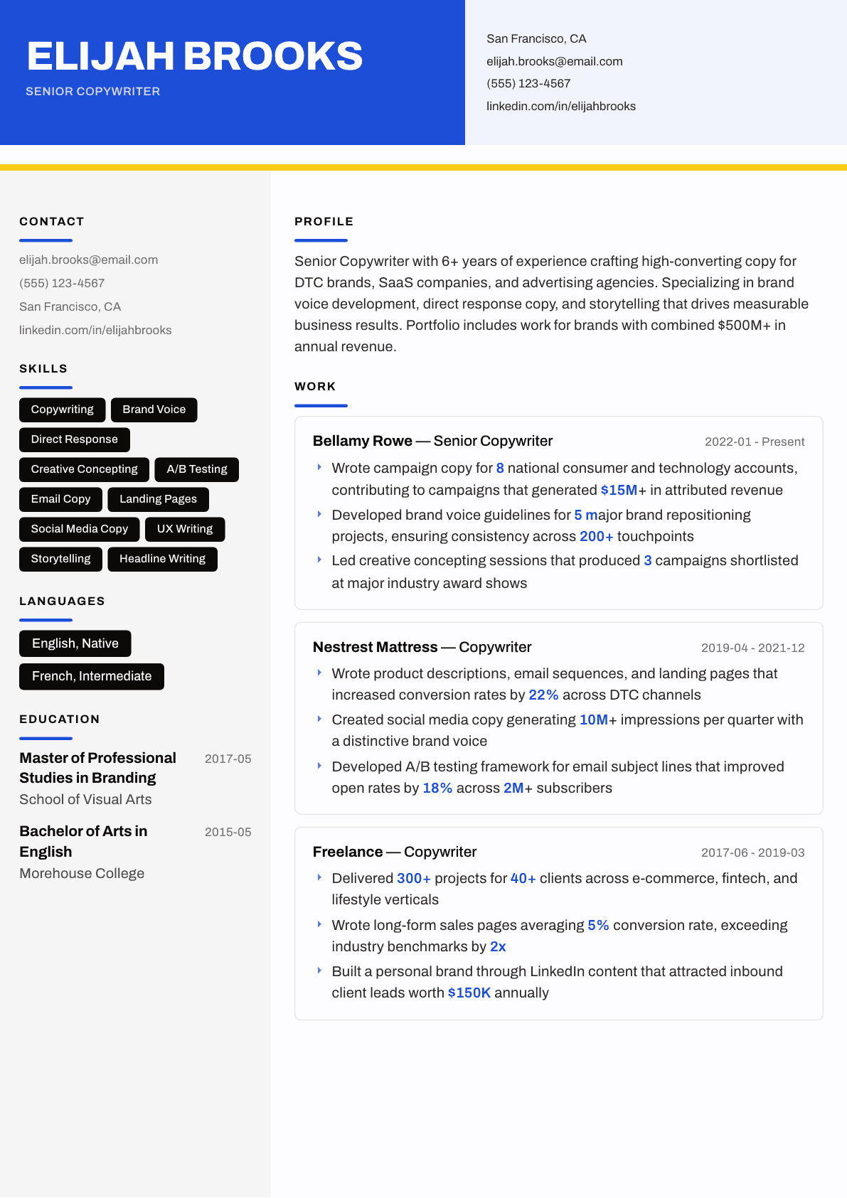 Copywriter resume example, Kontrast template