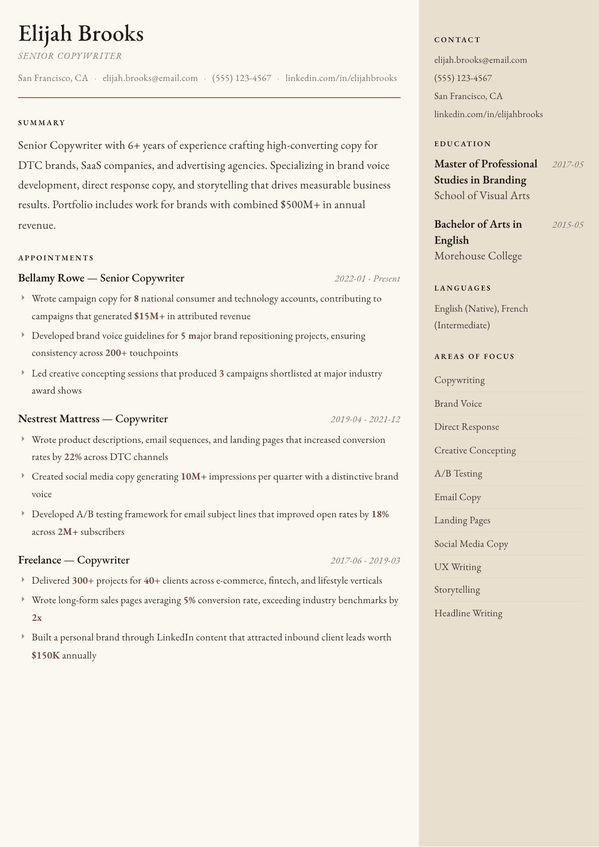 Copywriter resume example, Manuscript template
