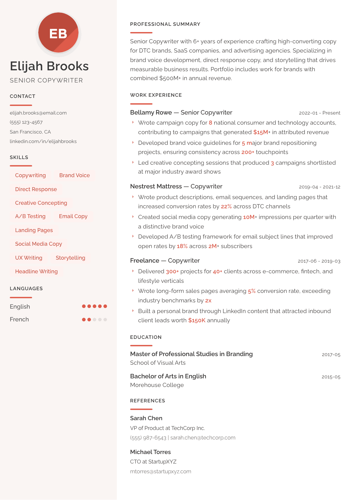 Copywriter resume example, Milano template