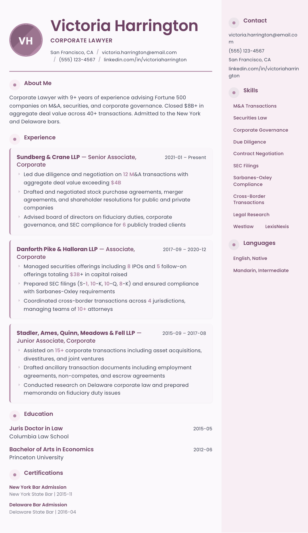 Corporate Lawyer resume example, Bloom template