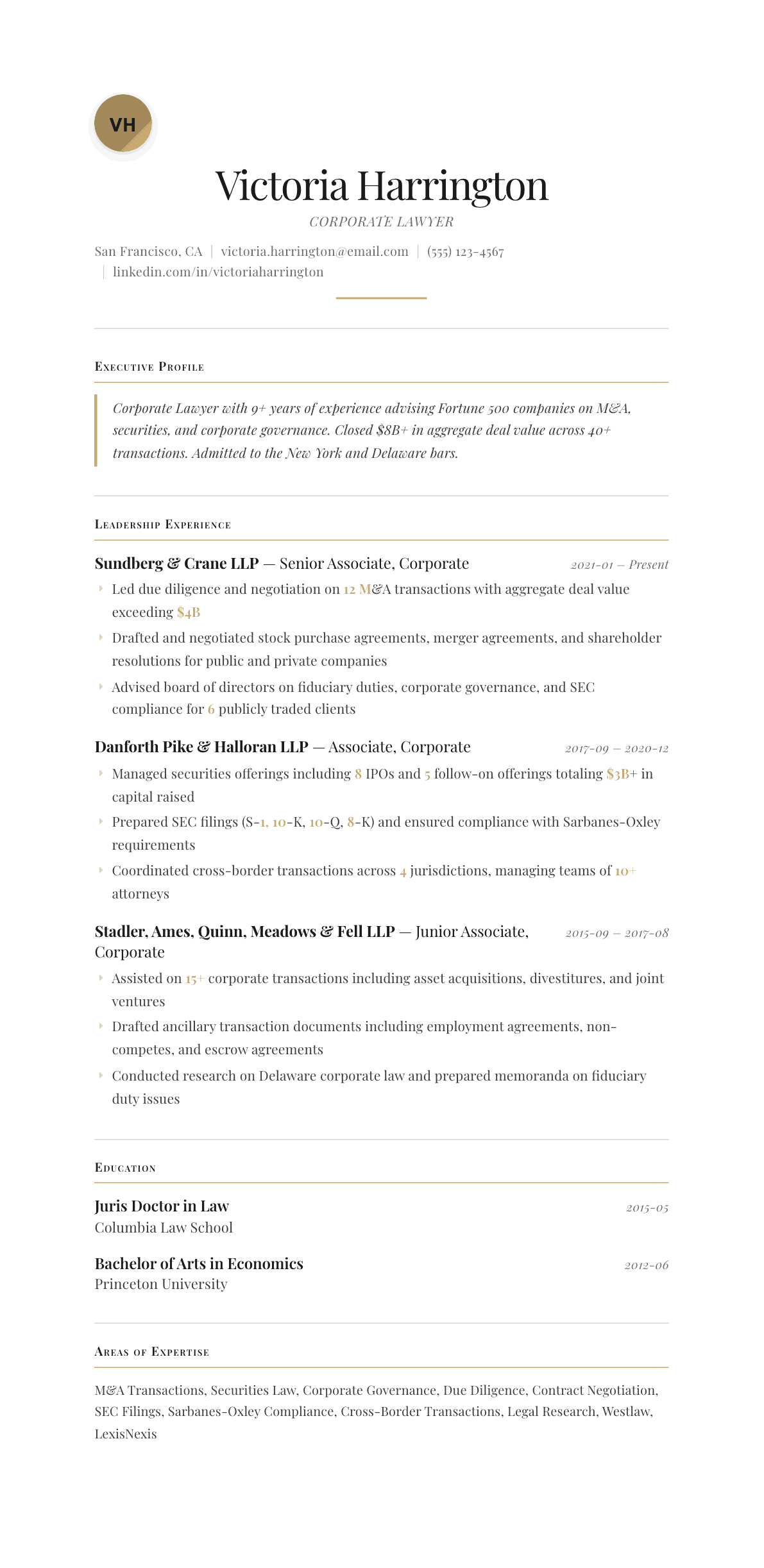 Corporate Lawyer resume example, Chancellor template