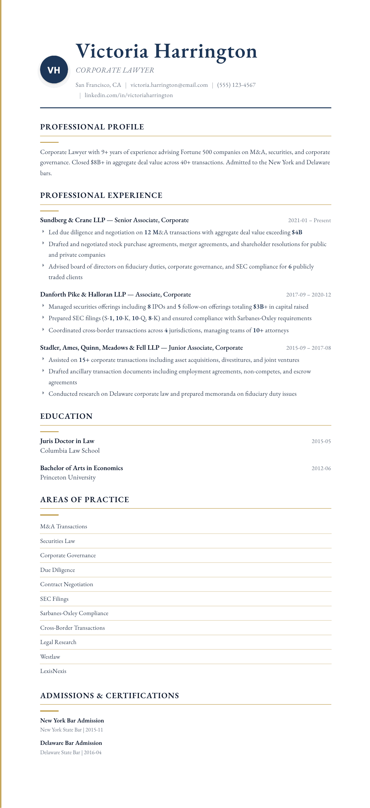 Corporate Lawyer resume example, Folio template