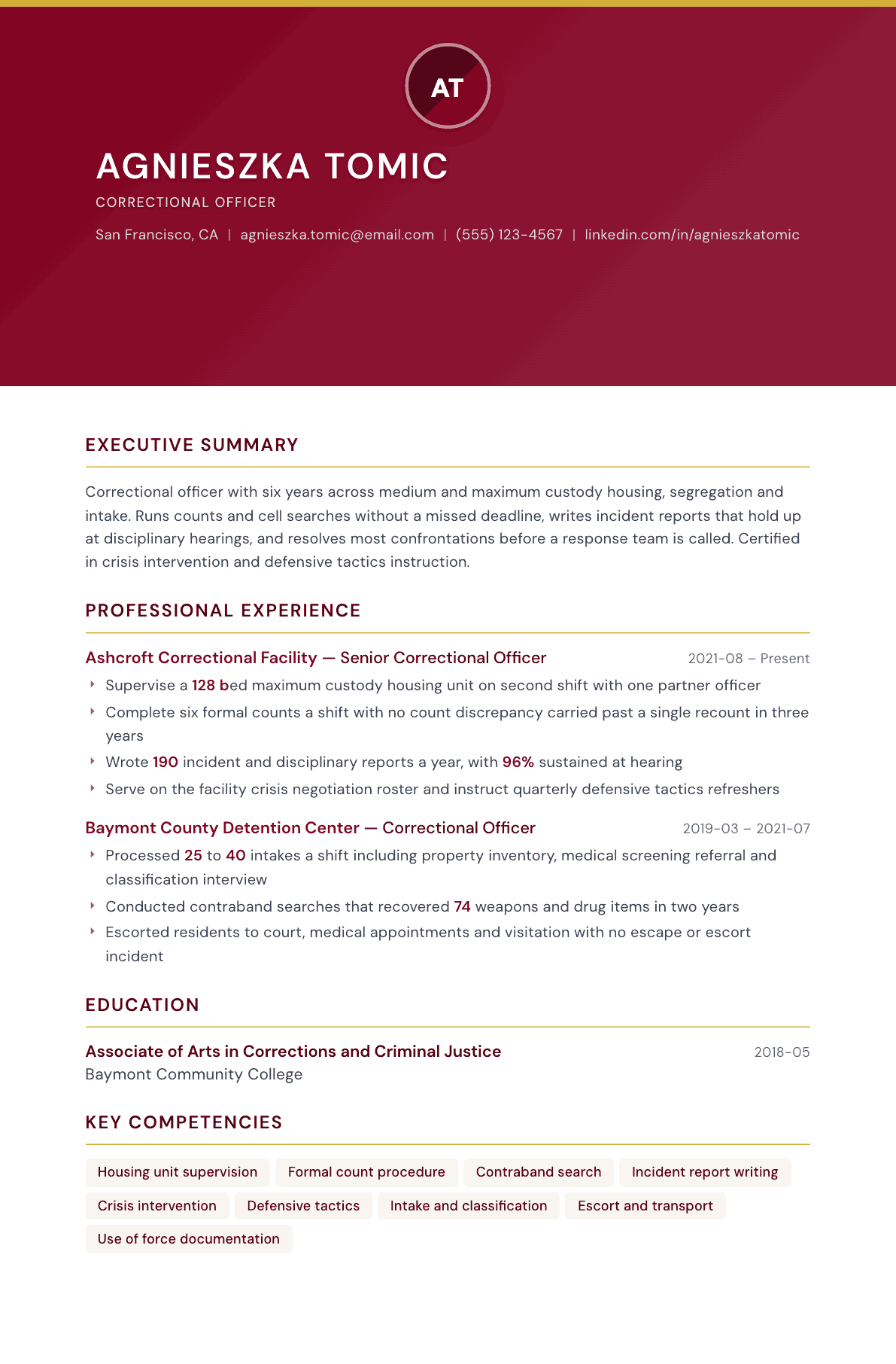Correctional Officer resume example, Viceroy template