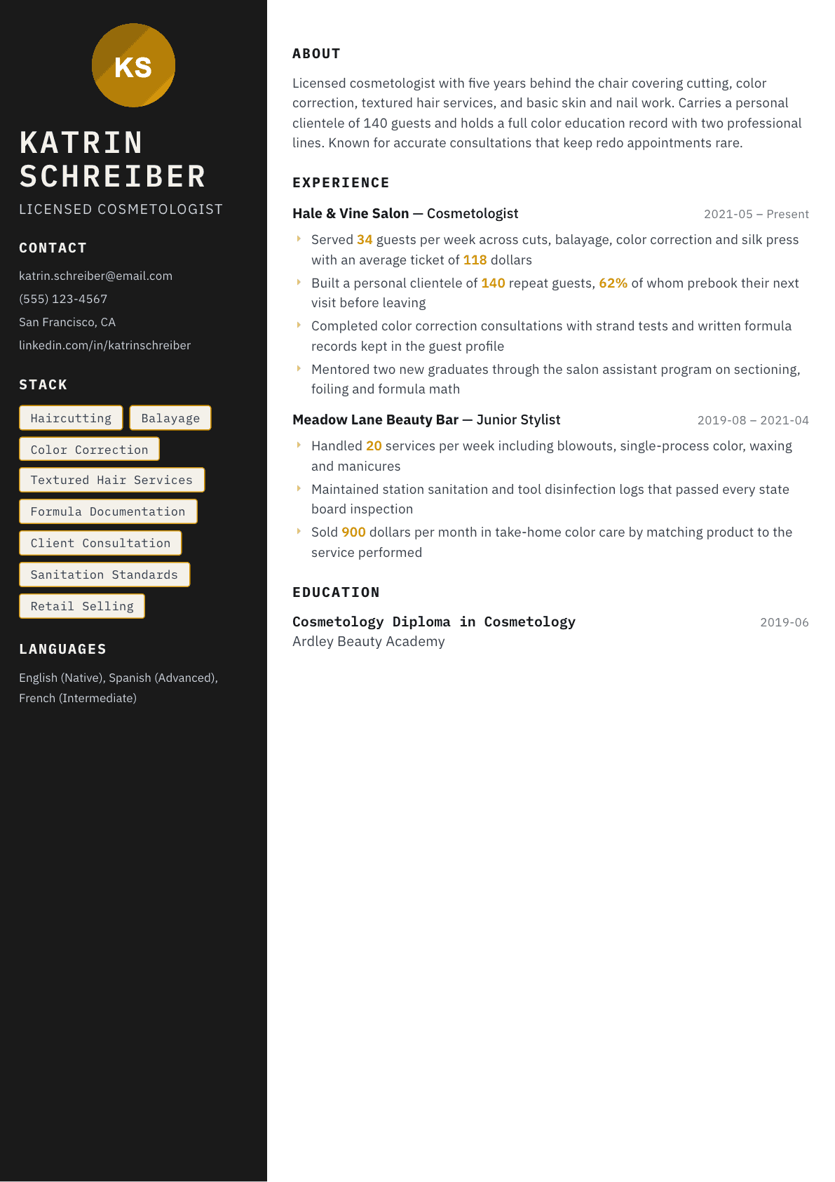 Cosmetologist resume example, Neon template