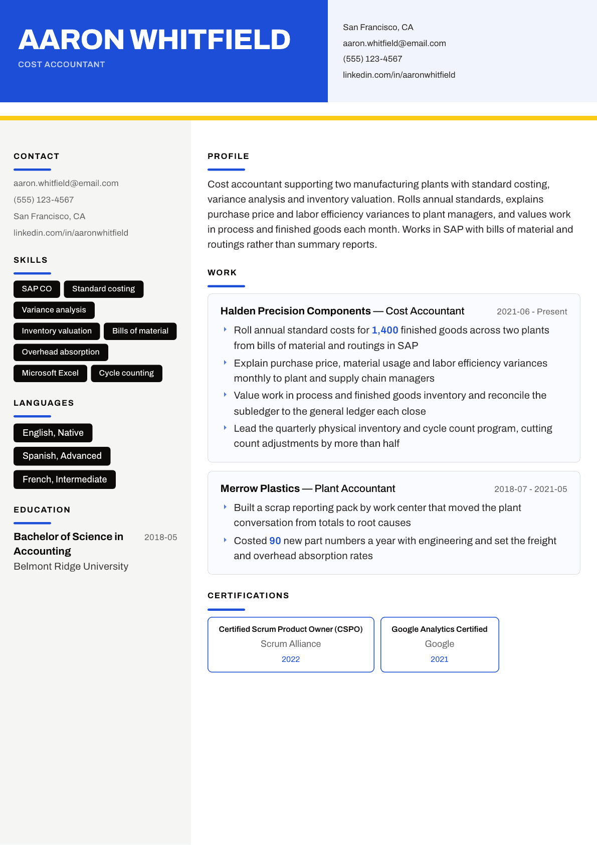Cost Accountant resume example, Kontrast template