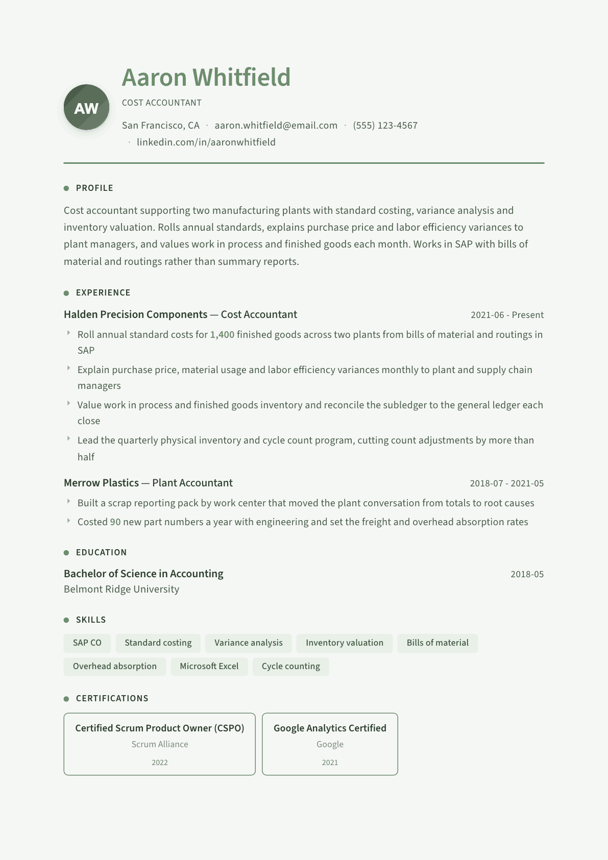 Cost Accountant resume example, Sage Garden template
