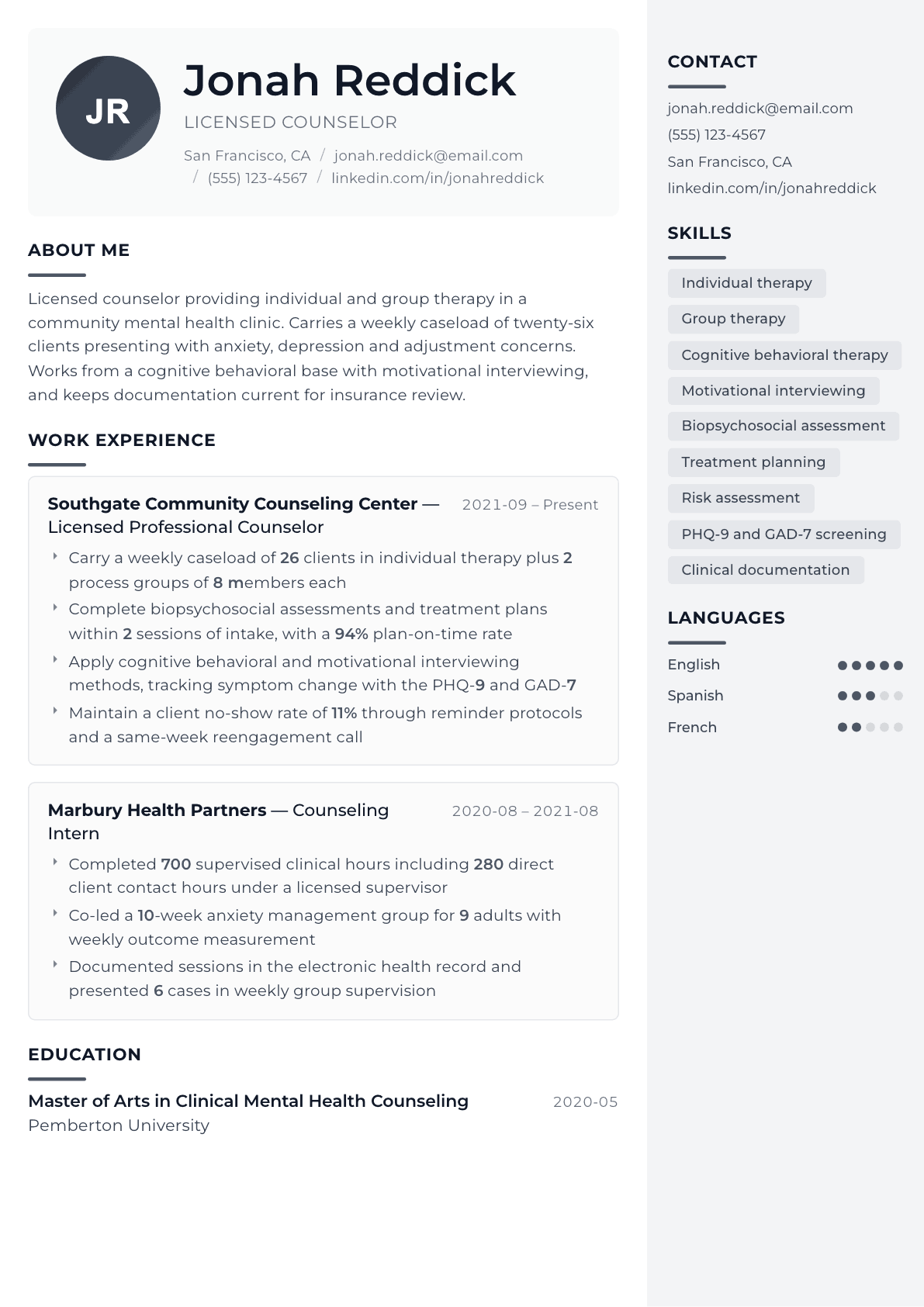 Counselor resume example, Metropolitan template
