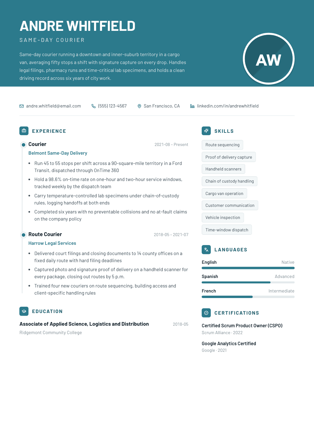 Courier resume example, Harbor template