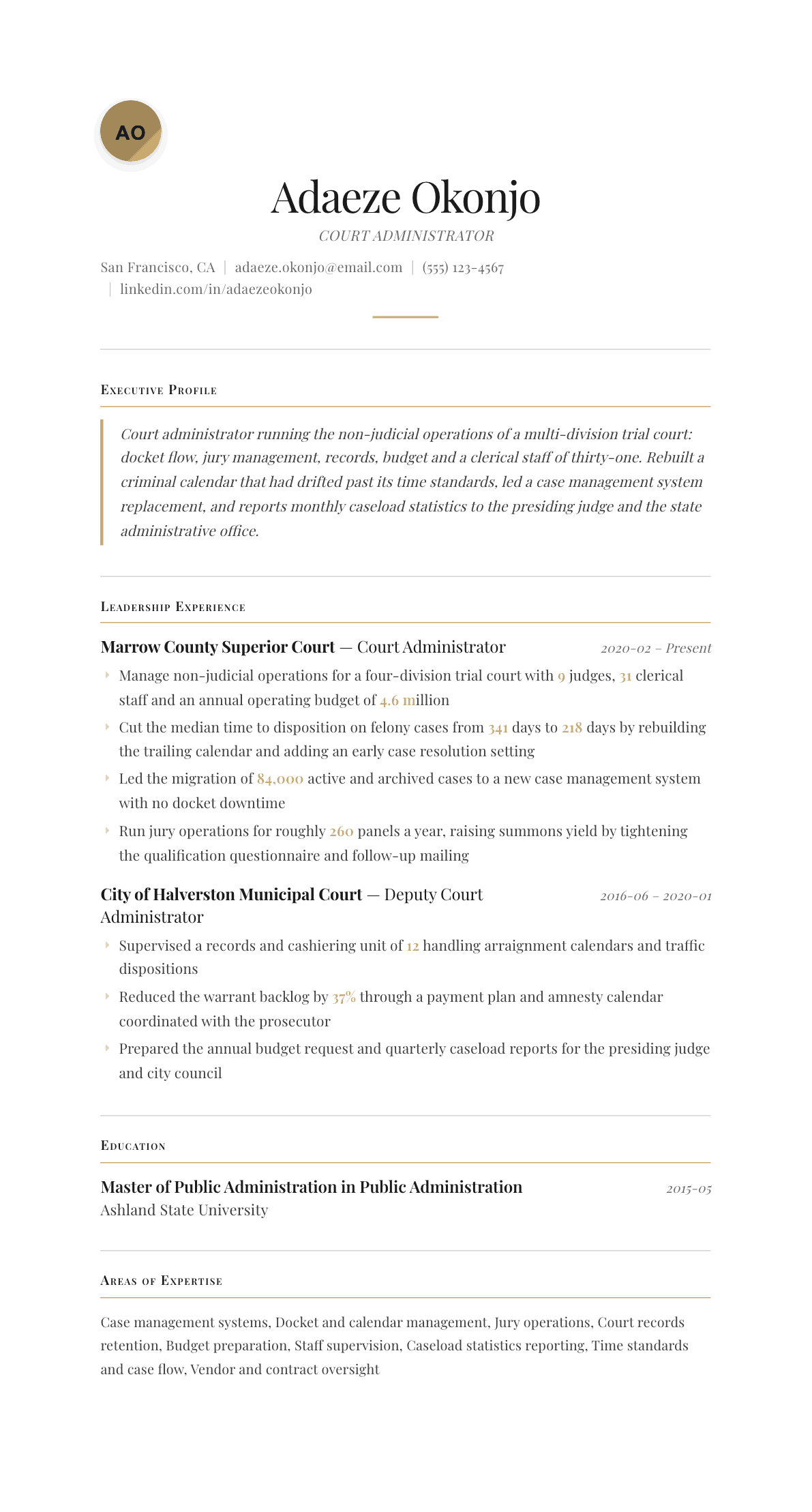 Court Administrator resume example, Chancellor template