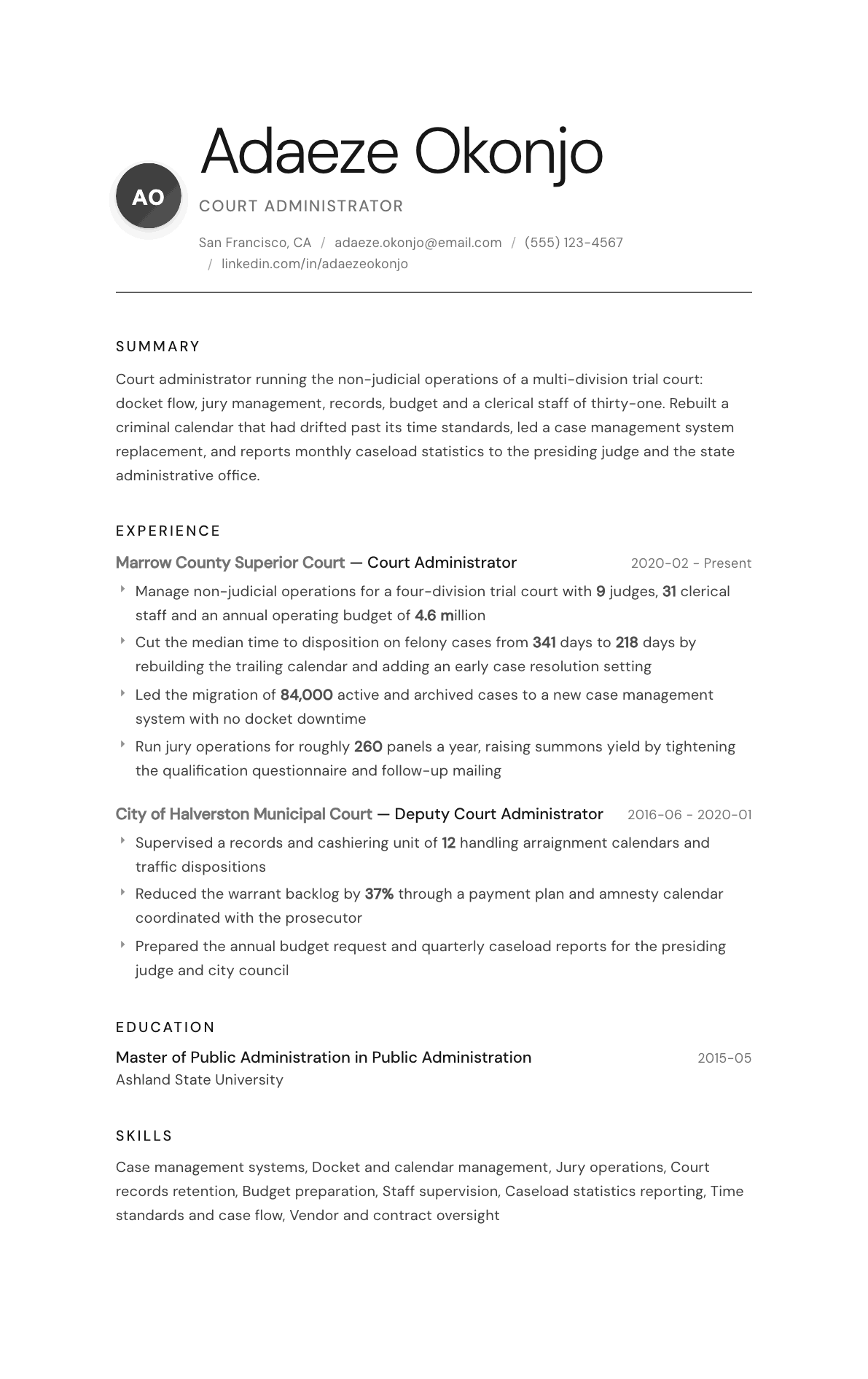 Court Administrator resume example, Whisper template