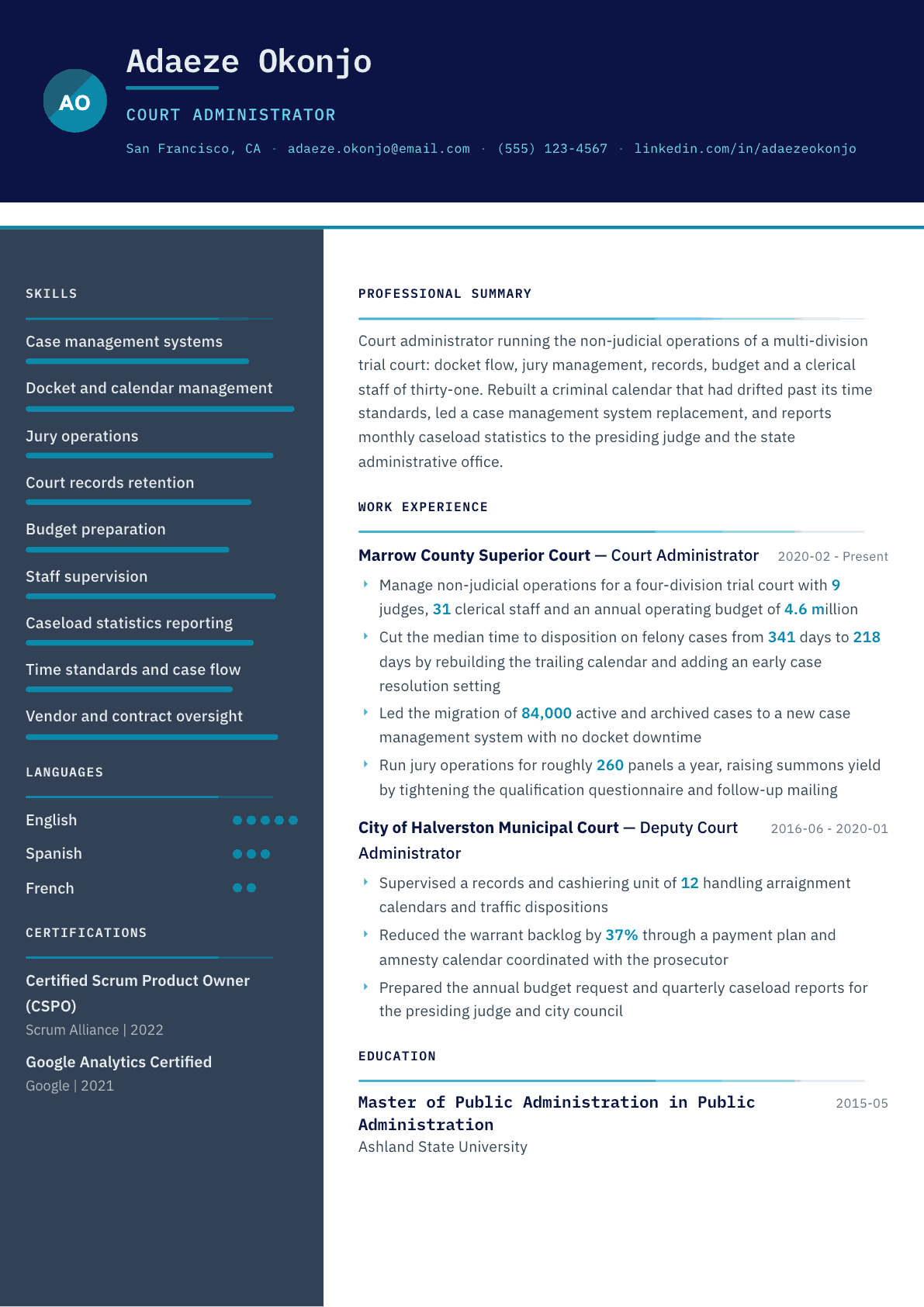 Court Administrator resume example, Atlas template