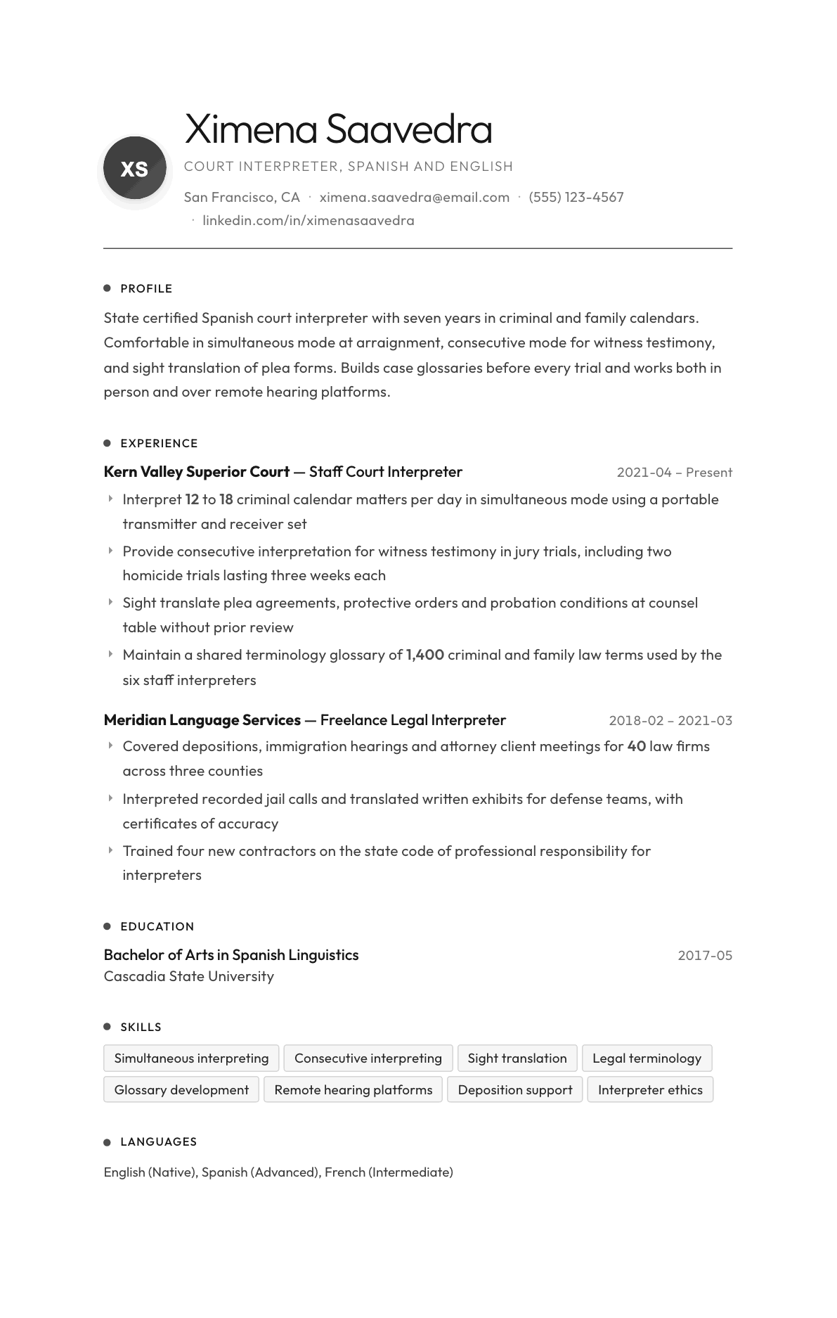 Court Interpreter resume example, Flux template