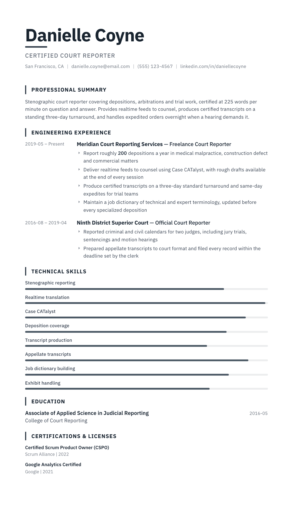 Court Reporter resume example, Blueprint template