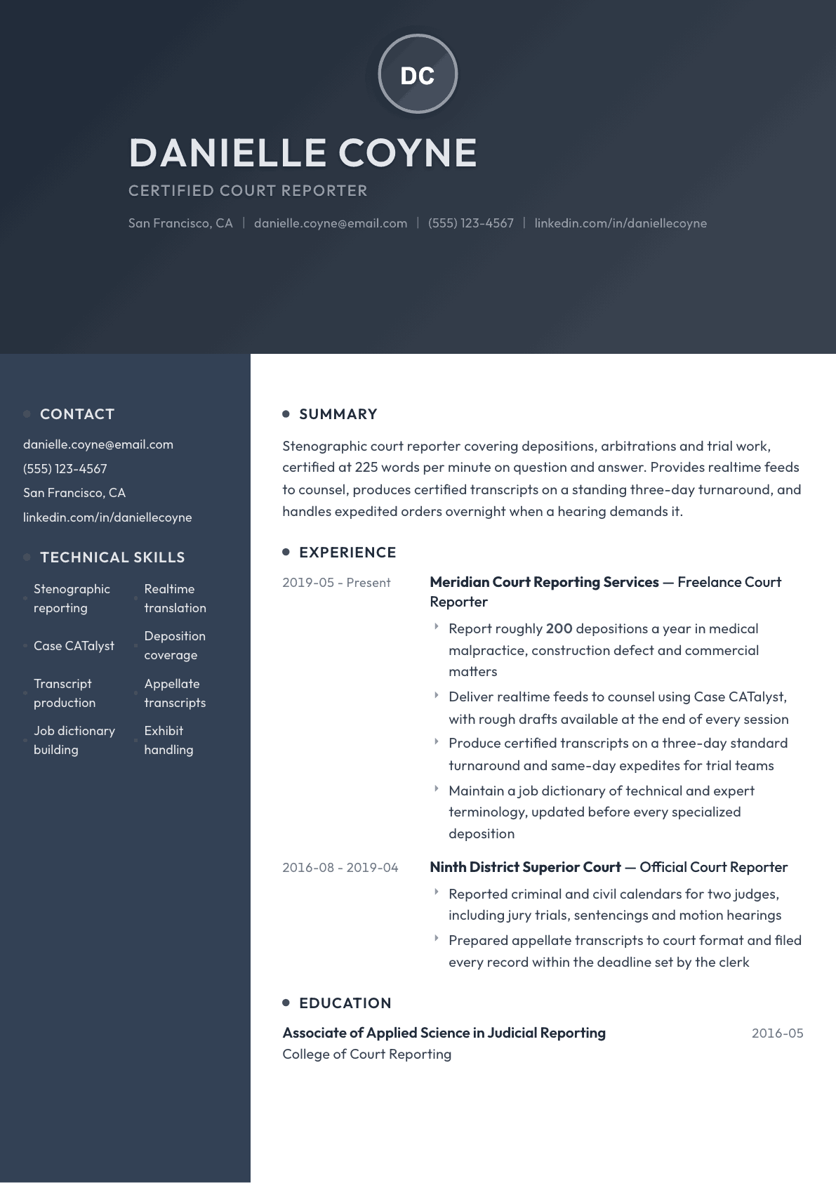Court Reporter resume example, Binary template