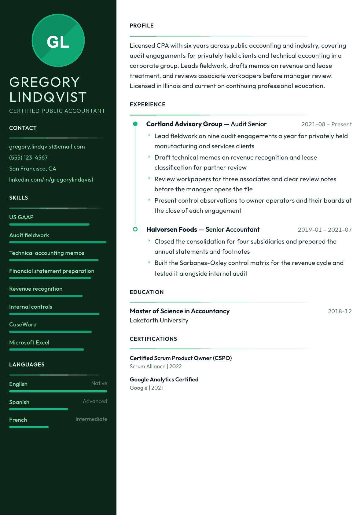 CPA resume example, Meridian template