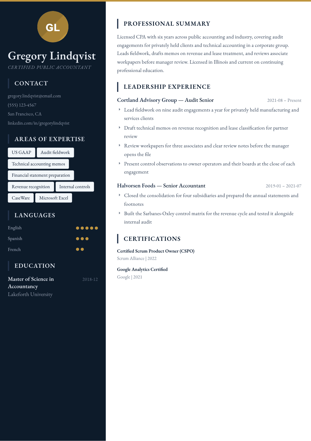 CPA resume example, Presidio template