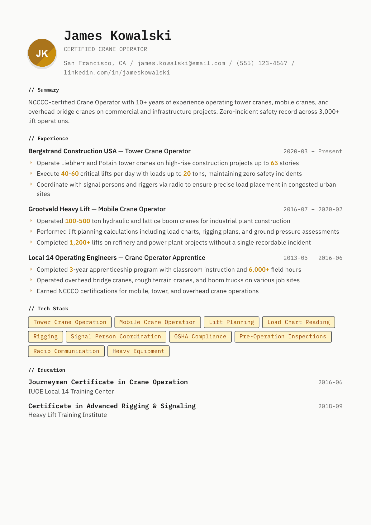 Crane Operator resume example, Inkwell template