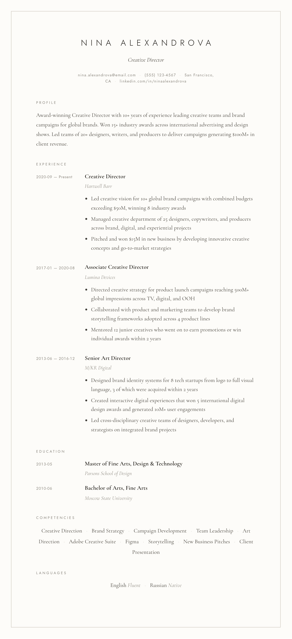Creative Director resume example, Vellum template