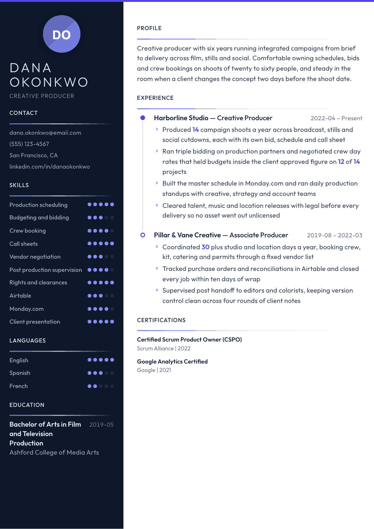 Creative Producer resume example, Zenith template