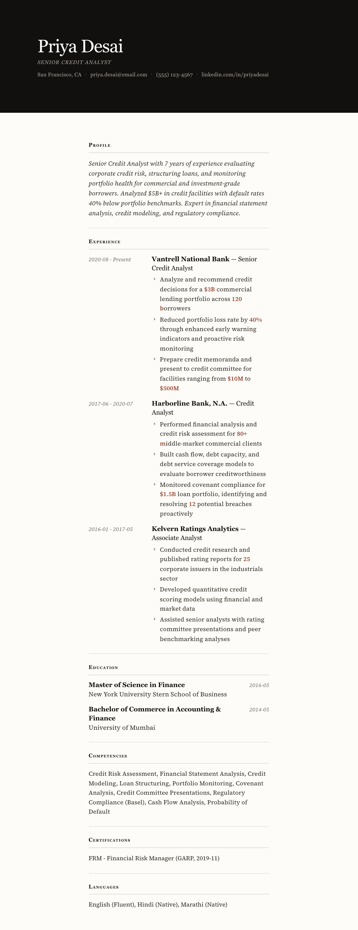 Credit Analyst resume example, Broadsheet template