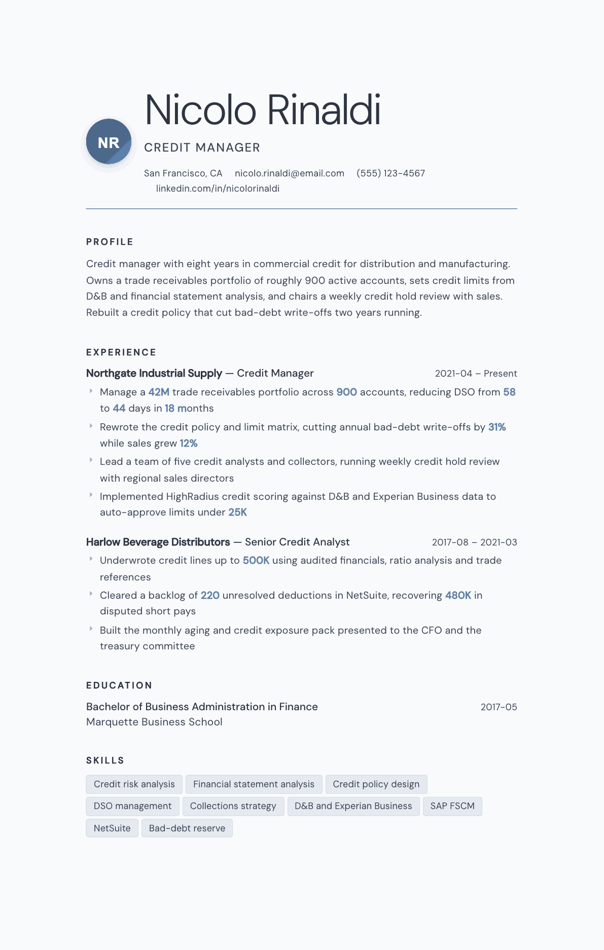 Credit Manager resume example, Nordic template