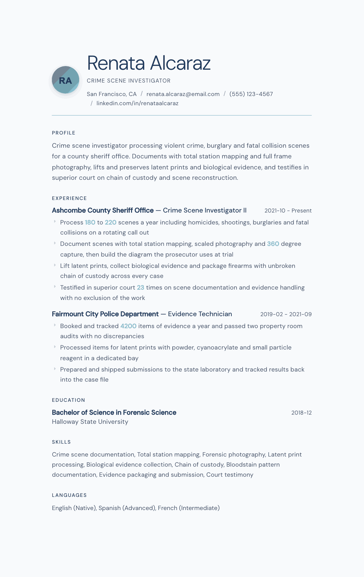 Crime Scene Investigator resume example, Nordic Frost template