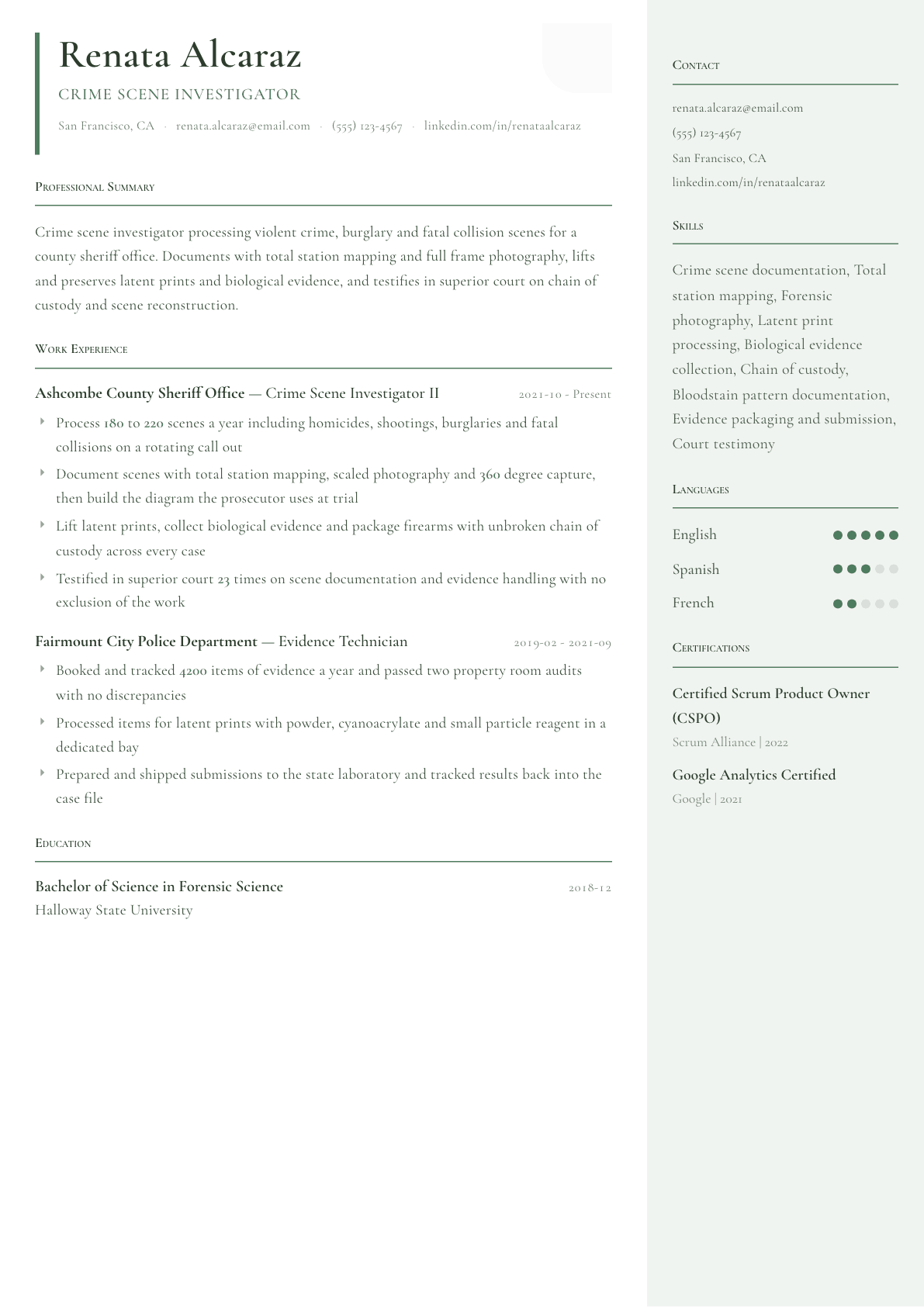 Crime Scene Investigator resume example, Copenhagen template