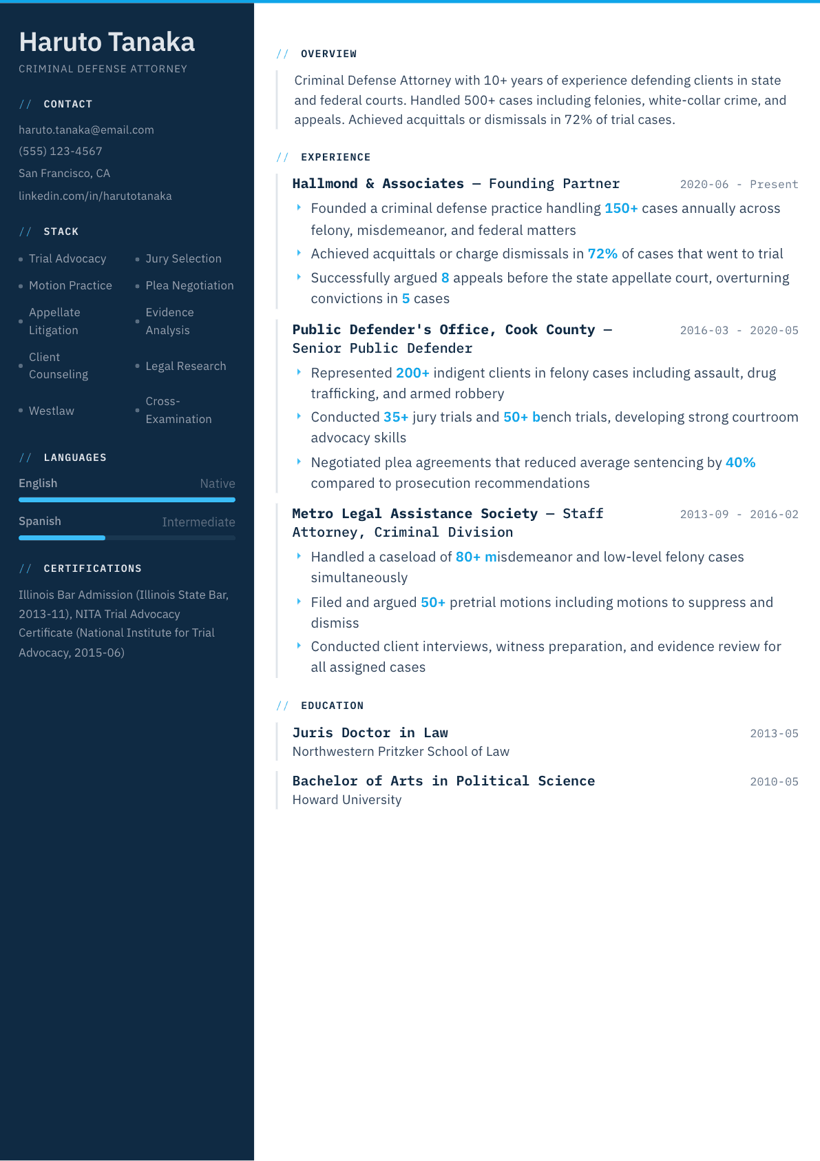 Criminal Defense Attorney resume example, Datum template