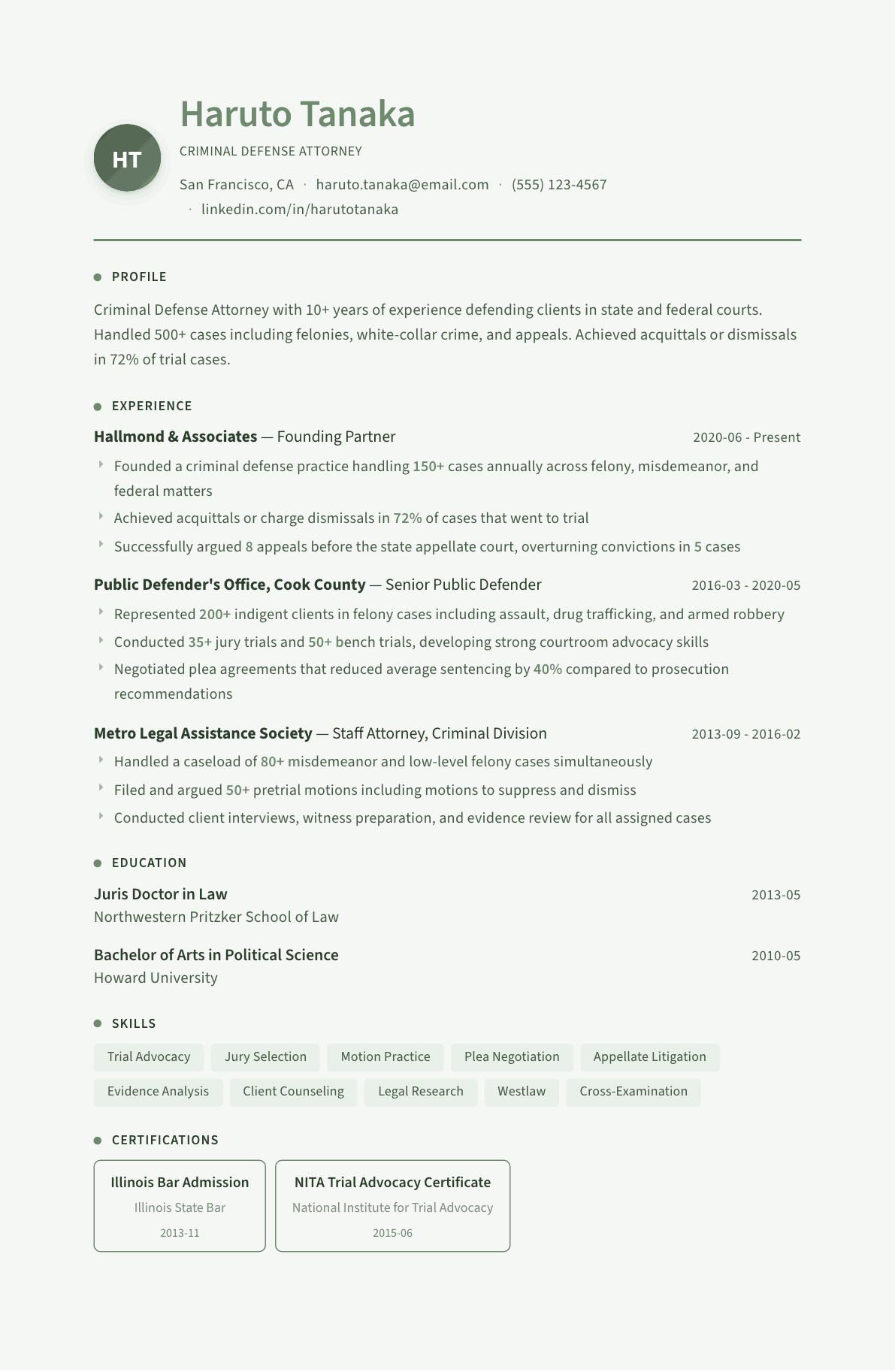 Criminal Defense Attorney resume example, Sage Garden template