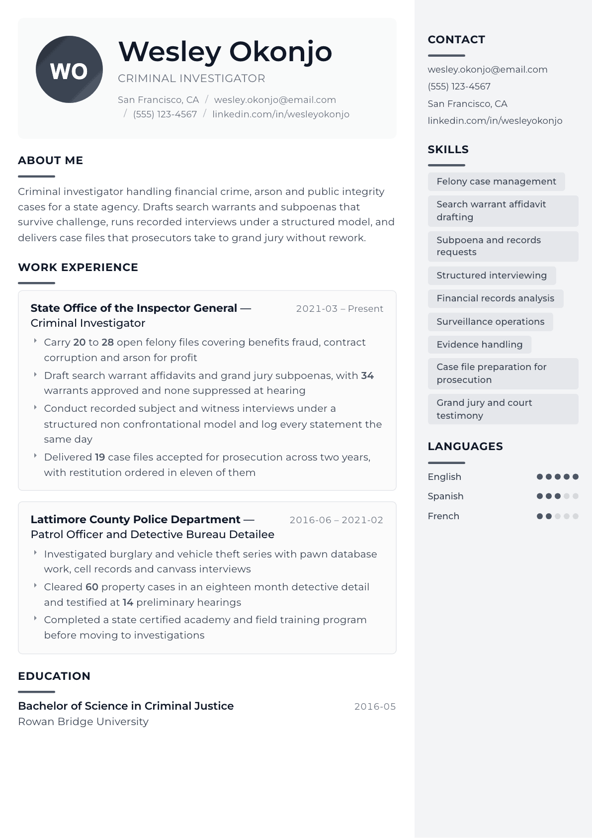 Criminal Investigator resume example, Metropolitan template