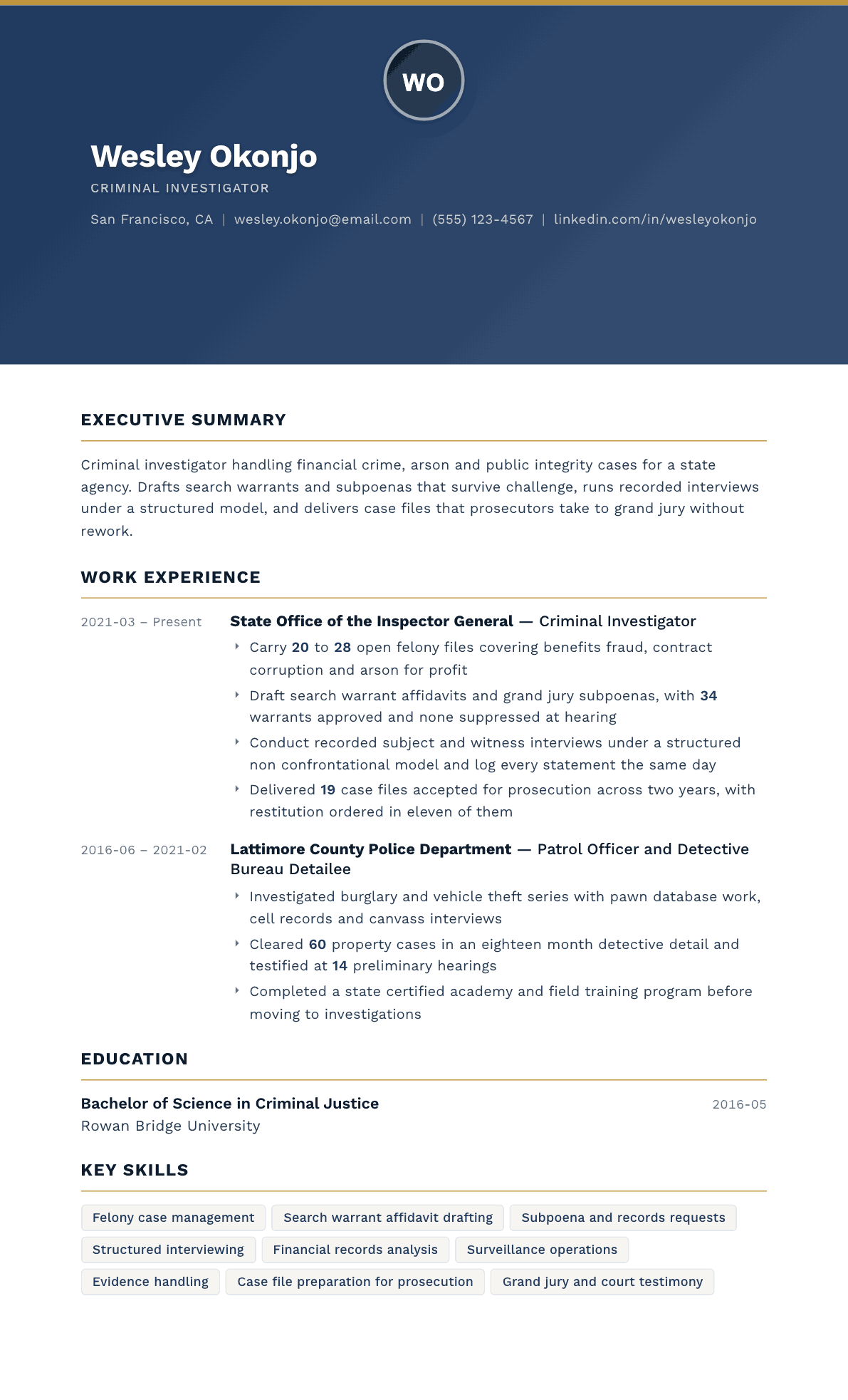 Criminal Investigator resume example, Sovereign template