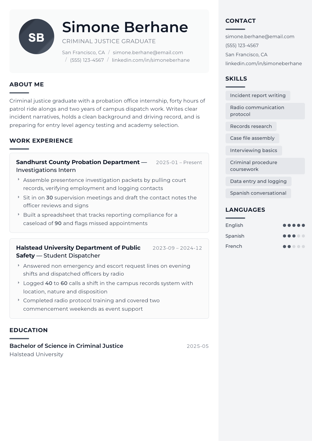 Criminal Justice Graduate resume example, Metropolitan template