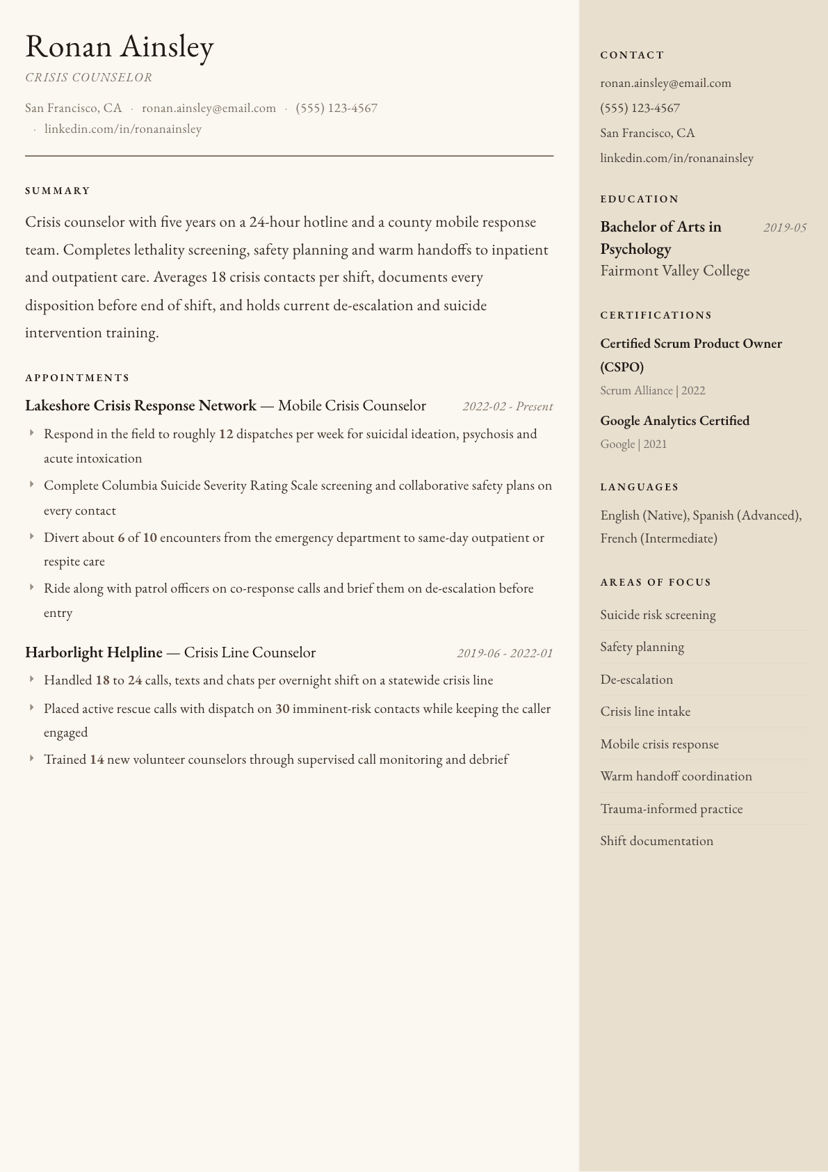 Crisis Counselor resume example, Manuscript template