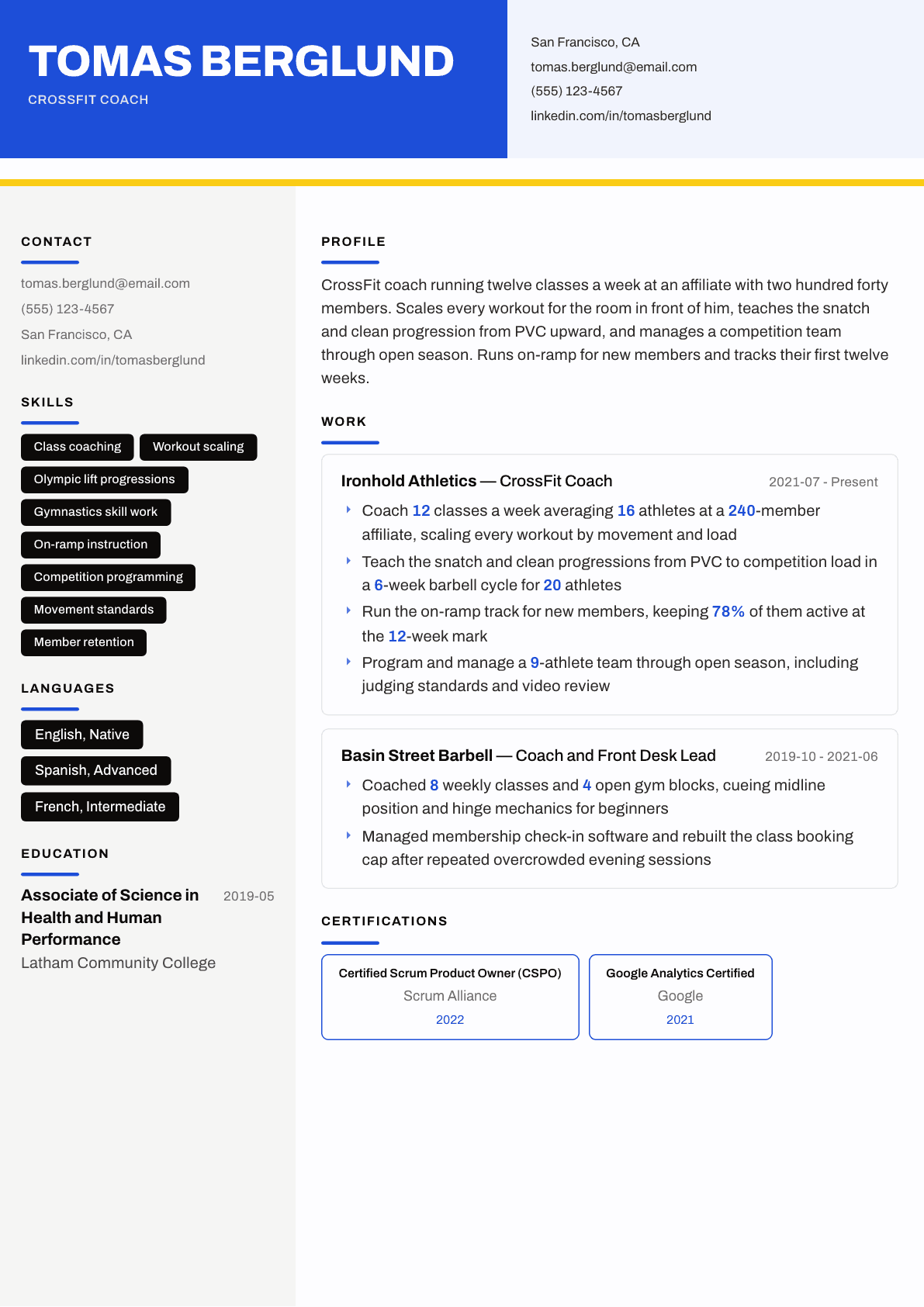 CrossFit Coach resume example, Kontrast template